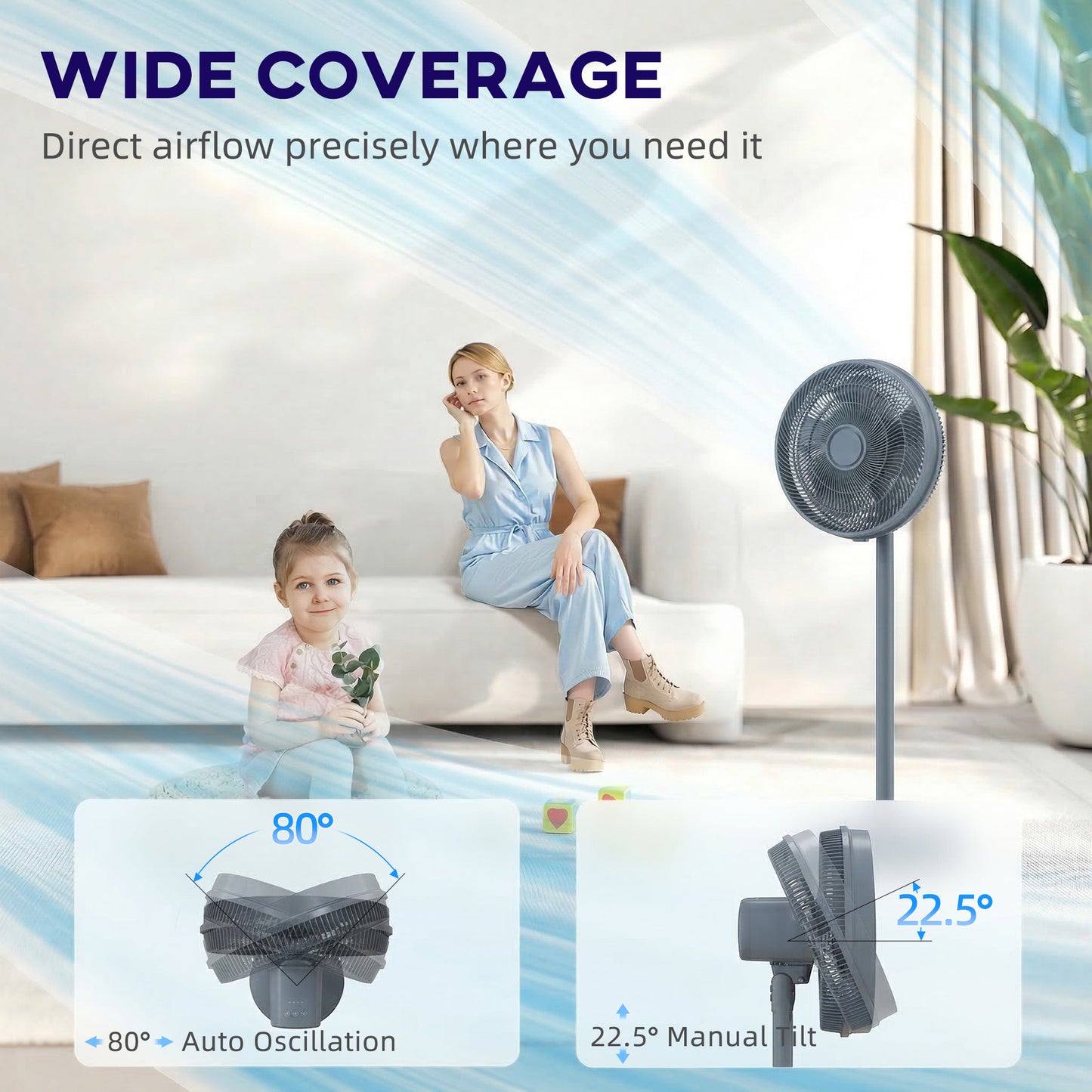 HOMCOM 40 cm Standing Fan With 80 Degree Oscillation Adjustable Tilt And Height 4 Speeds Remote Control Grey