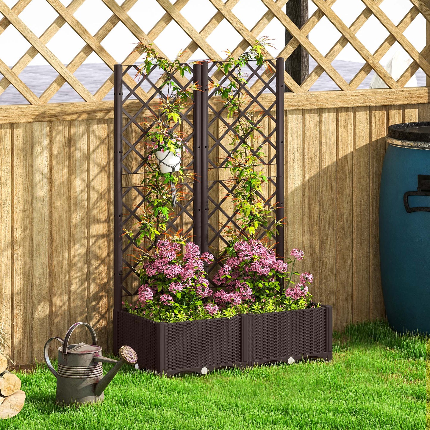 Outsunny Raised Garden Bed With Trellis Plastic Planter Box For Climbing Plants Vegetables And Flowers With Drainage