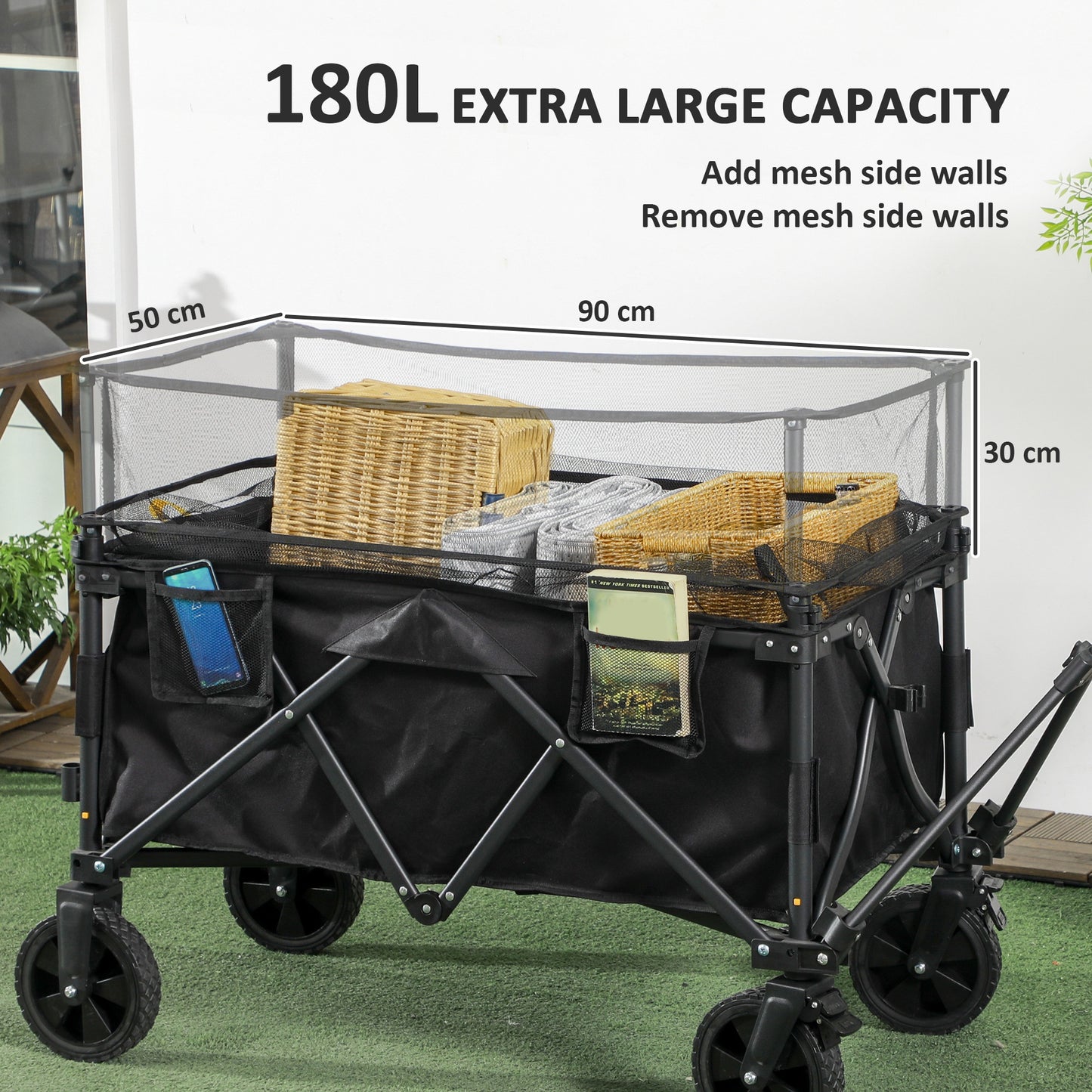 Outsunny Versatile Folding Garden Trolley - 180L Capacity Wagon Cart with Extendable Sides for Beach, Camping & Festivals - Black - ALL4U RETAILER LTD