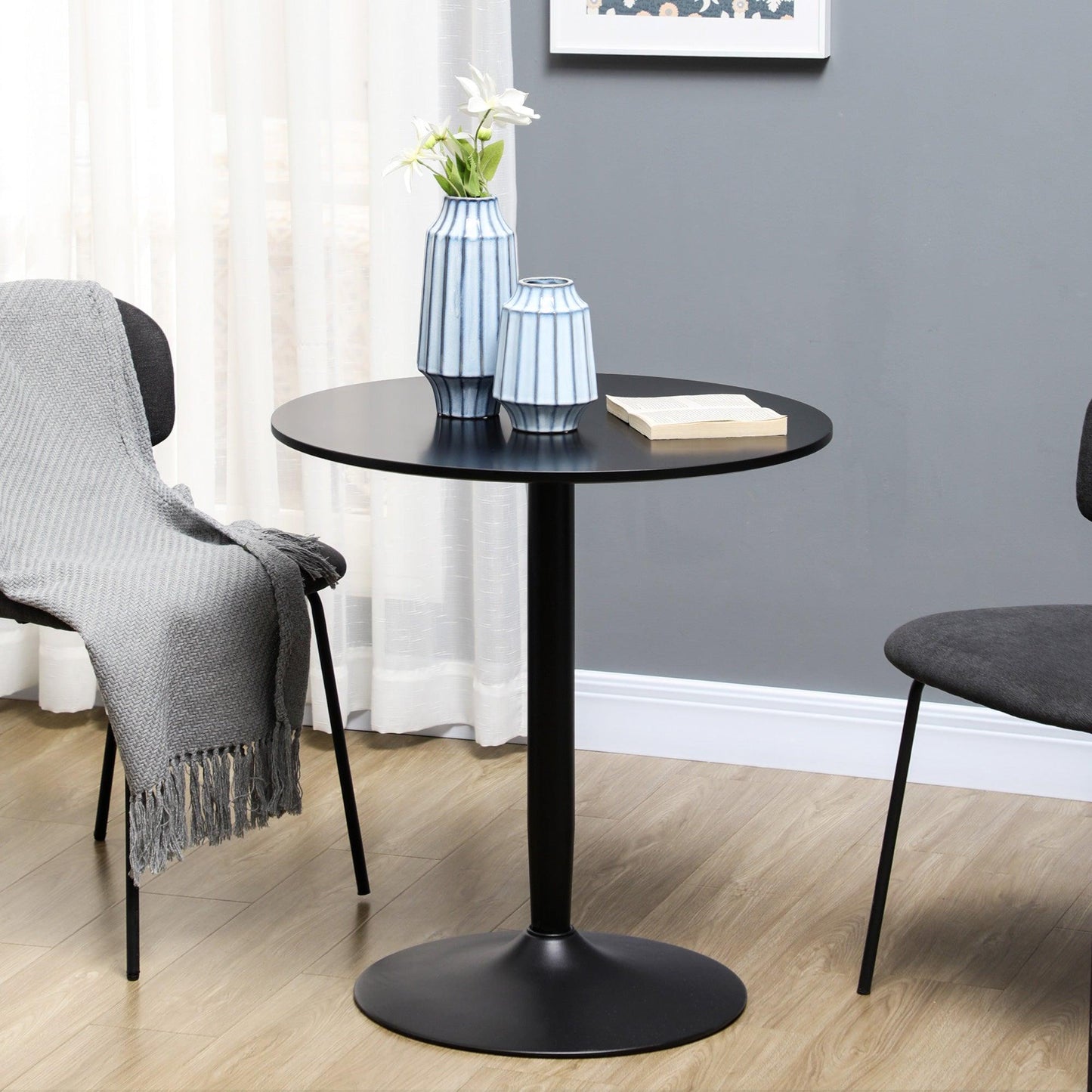 HOMCOM Modern Round Dining Table, Steel Base, Non-slip Foot Pad, Space Saving Small Table, Black - ALL4U RETAILER LTD