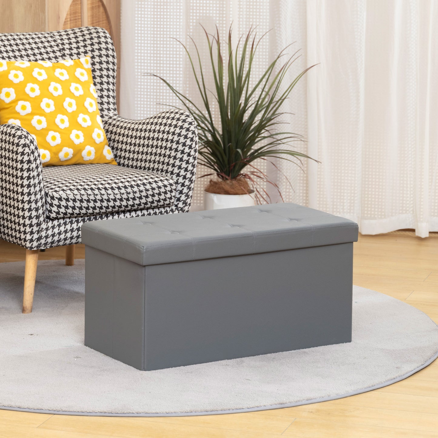 HOMCOM Storage Ottoman Bench 89L PU Leather Folding Foot Rest Stool End Bed Bench For Living Room Bedroom Entryway Grey