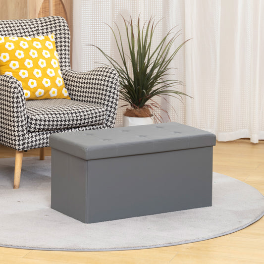 HOMCOM Storage Ottoman Bench 89L PU Leather Folding Foot Rest Stool End Bed Bench For Living Room Bedroom Entryway Grey