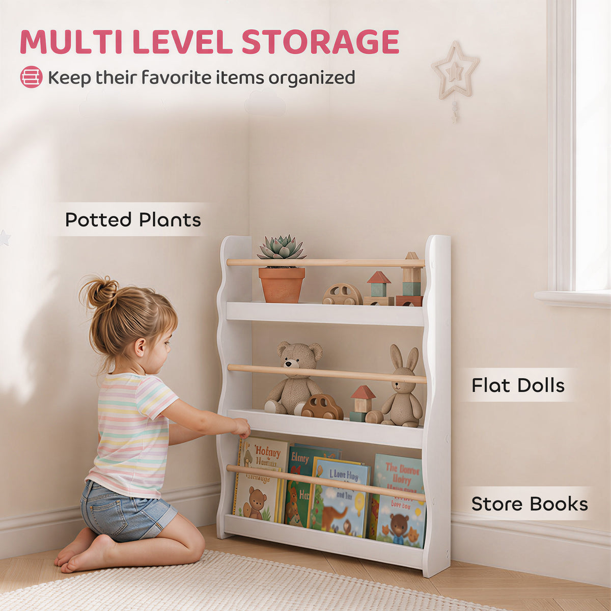 White multi-level kids bookshelf with three shelves for books and small toys