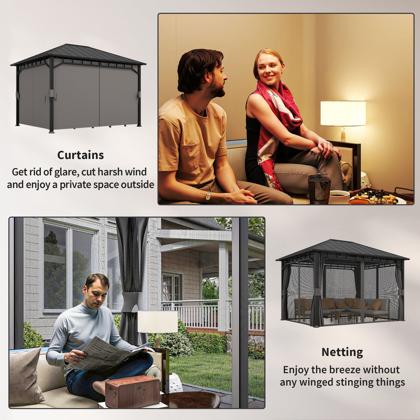 Outsunny 3 x 4m Hardtop Gazebo With Galvanised Steel Roof Water Gutter Waterproof Pavilion For Patio And Deck Netting