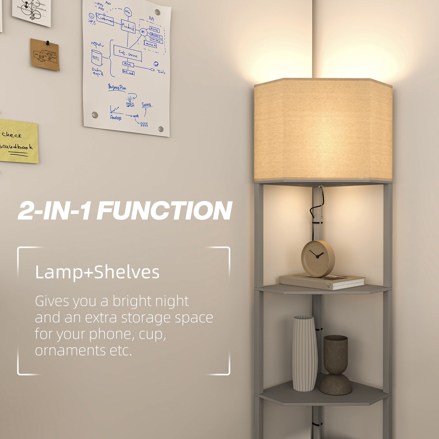 HOMCOM Corner Floor Lamp With Shelves 2 In 1 Standing Lamp For Living Room Pull Chain Switch Bulb Not Included Grey