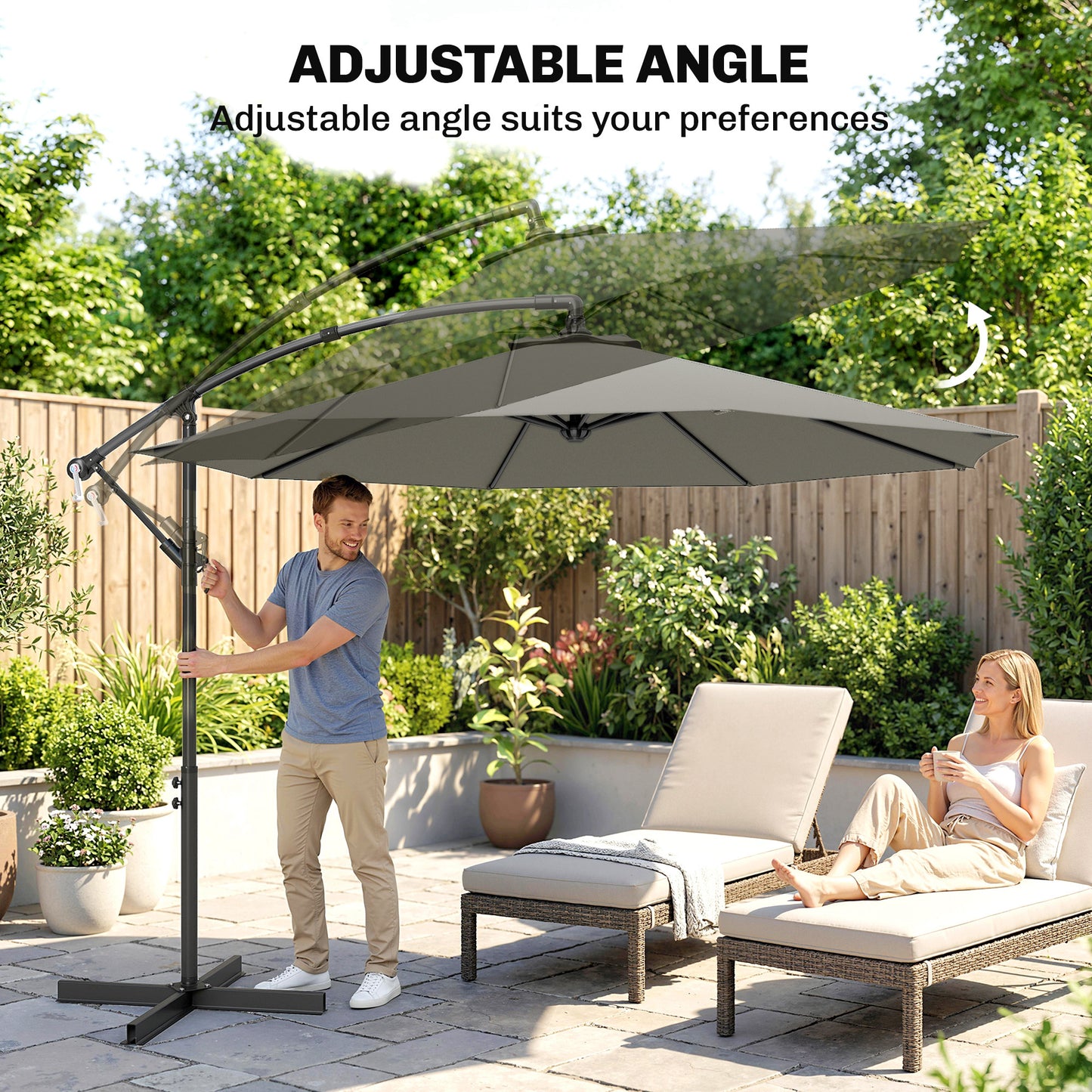 Outsunny 3M Overhanging Cantilever Parasol With Cross Base Light Grey Outdoor Umbrella For Patio