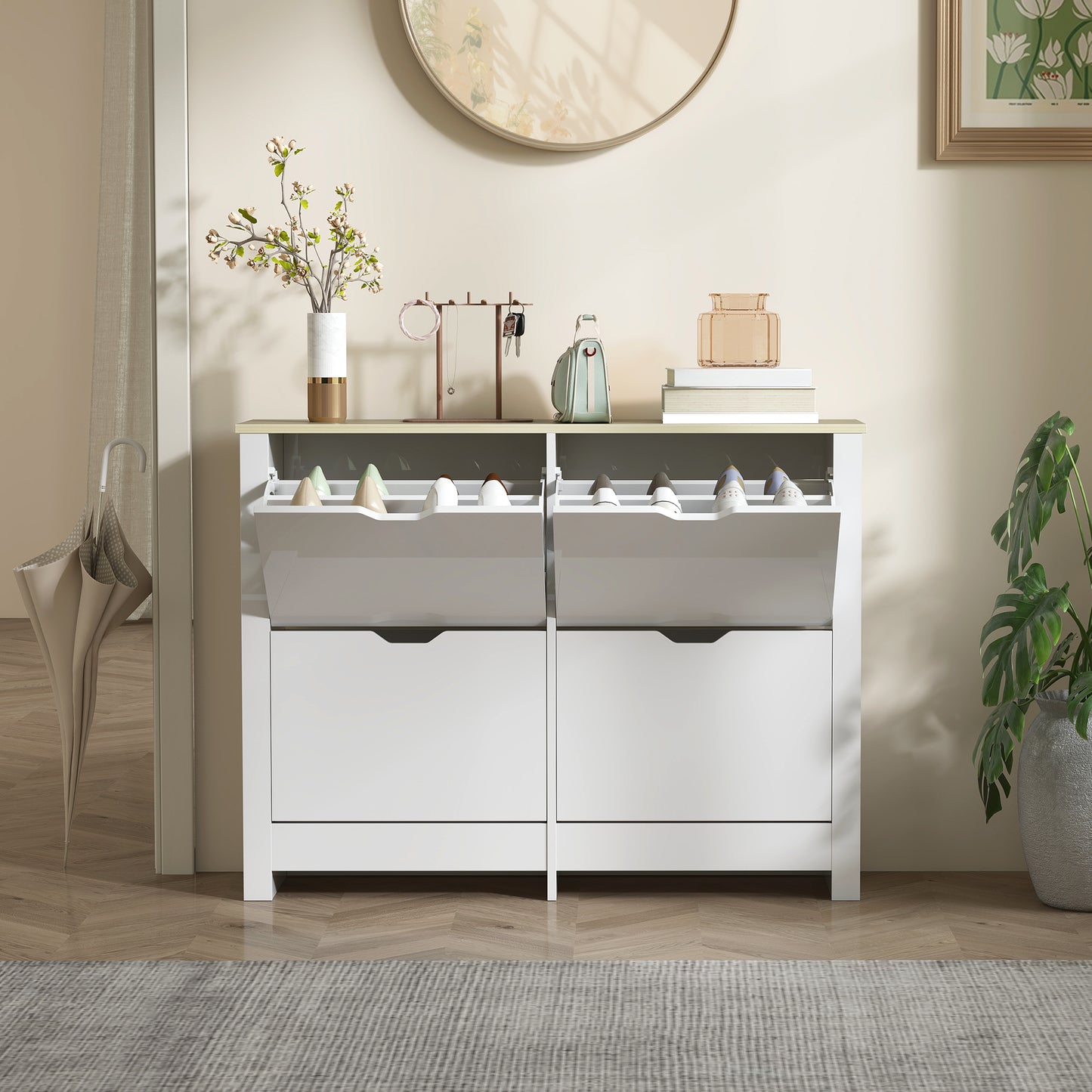 Homcom Slim White Shoe Cabinet Narrow Cupboard With 4 Flip Drawers And Adjustable Shelves For 16 Pairs Of Shoes