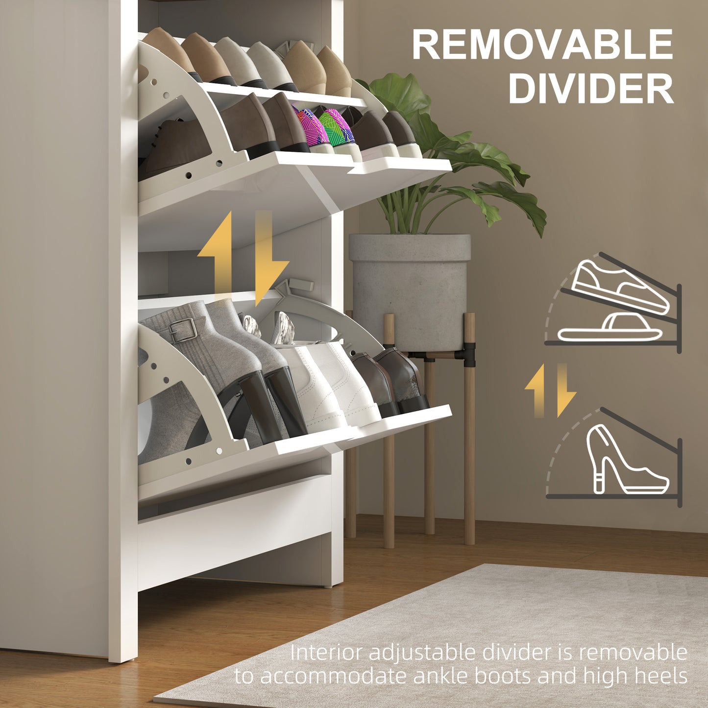 HOMCOM Slim Shoe Cabinet Narrow Cupboard With 2 Flip Drawers Adjustable Shelves For 12 Pairs High Gloss White