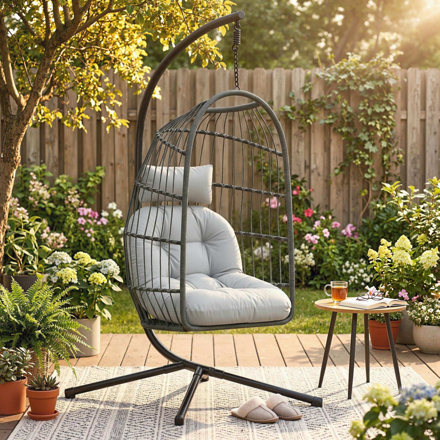 Outsunny Hanging Egg Chair With Stand, Indoor Outdoor Swing Chair With Cushion, Adjustable Height, Safety Strap, Grey