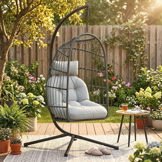 Outsunny Hanging Egg Chair With Stand, Indoor Outdoor Swing Chair With Cushion, Adjustable Height, Safety Strap, Grey