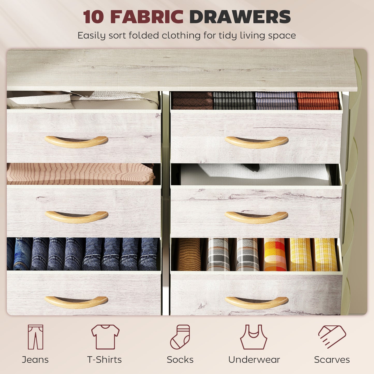 HOMCOM Ten Fabric Drawer Chest With Steel Frame And Side Pockets And Two Hooks Natural Wood Finish