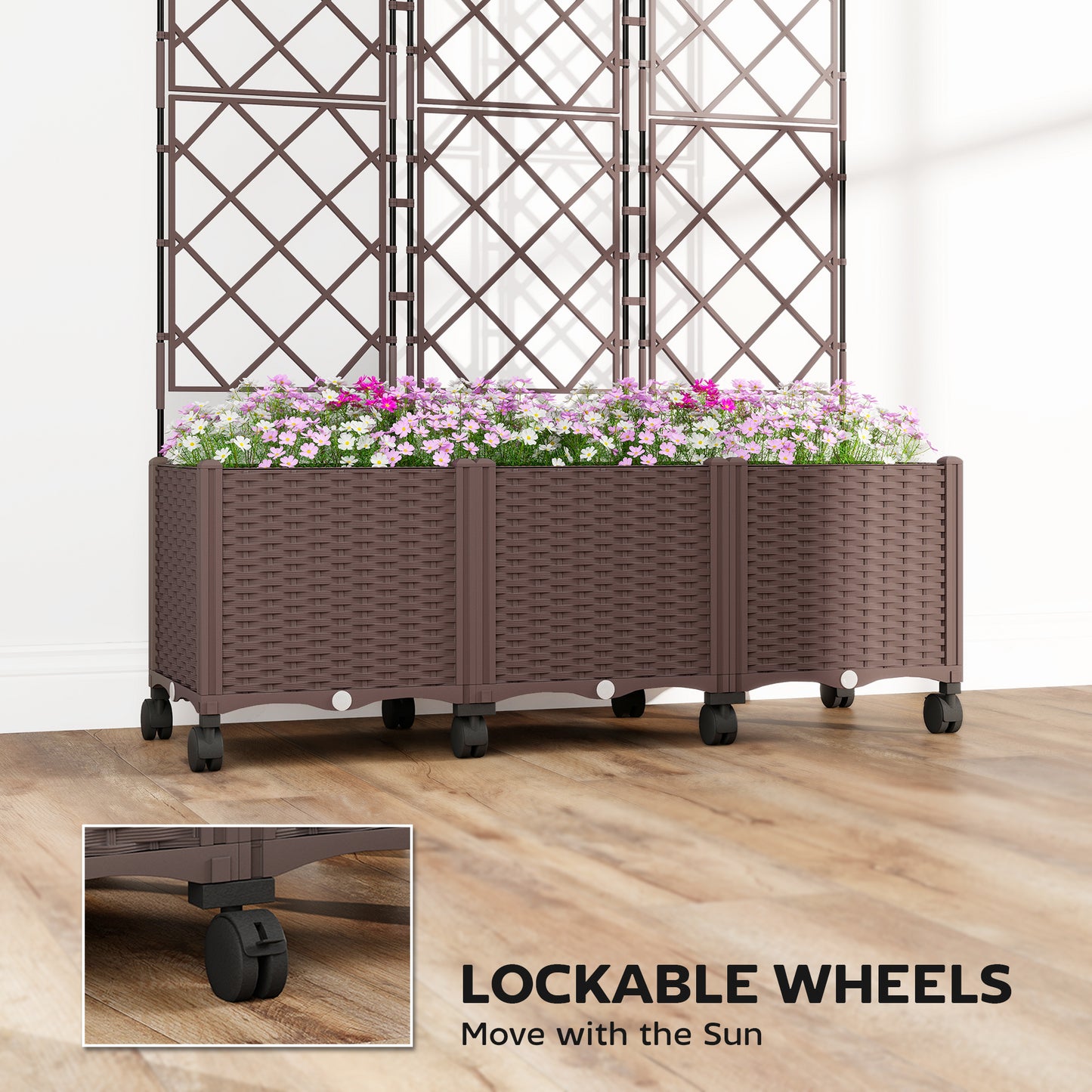 Outsunny Plastic Raised Planter With Trellis And Self Watering System On Wheels With Drainage Holes And Plugs