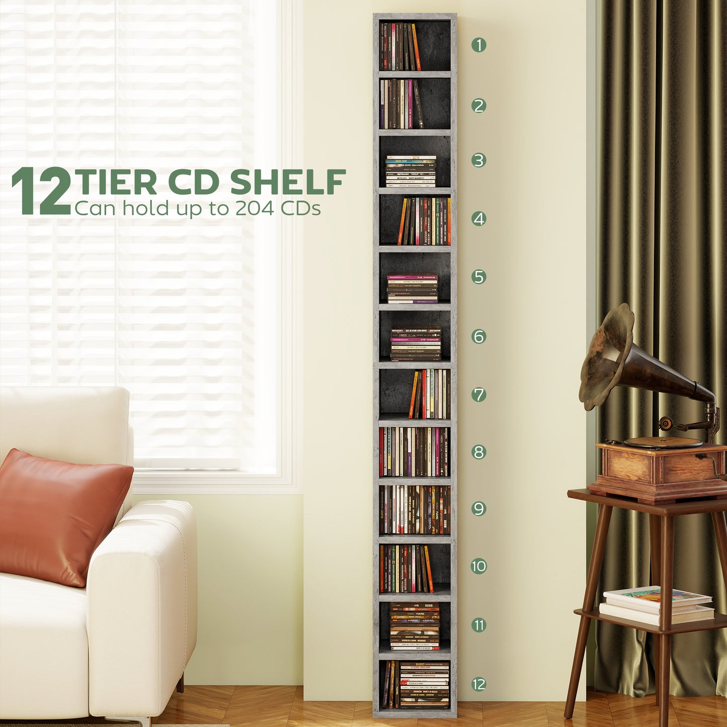 HOMCOM 204 CD Tall Narrow Media Storage Tower Cement Grey With Anti Tipping Design And Space Saving Slim Profile