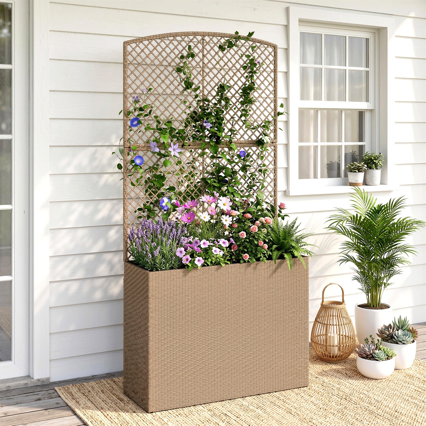Outsunny Rattan Planter With Trellis Raised Bed For Garden With Liner Climbing Plants Vegetables Flowers Light Grey