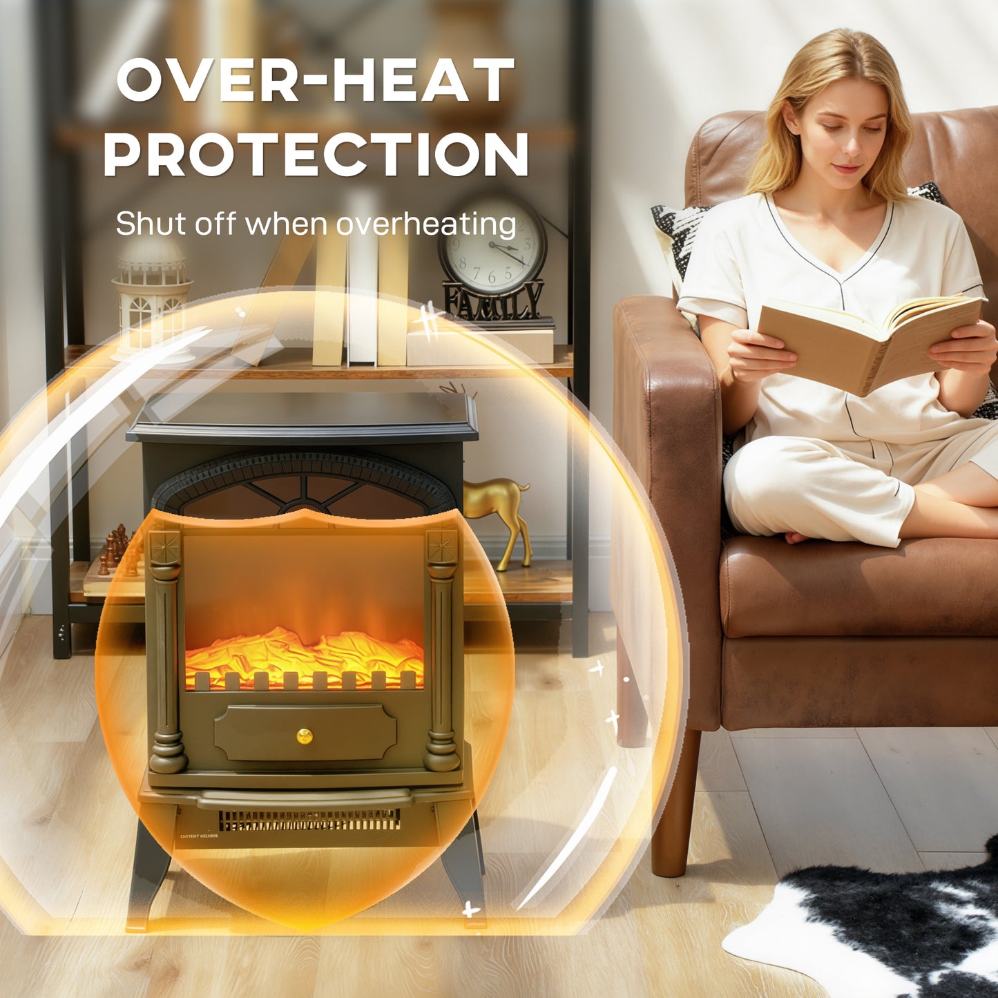 HOMCOM Electric Fireplace Heater With 3D Flame Effect 2000W 1000W Adjustable Thermostat 2 Heat Settings Black