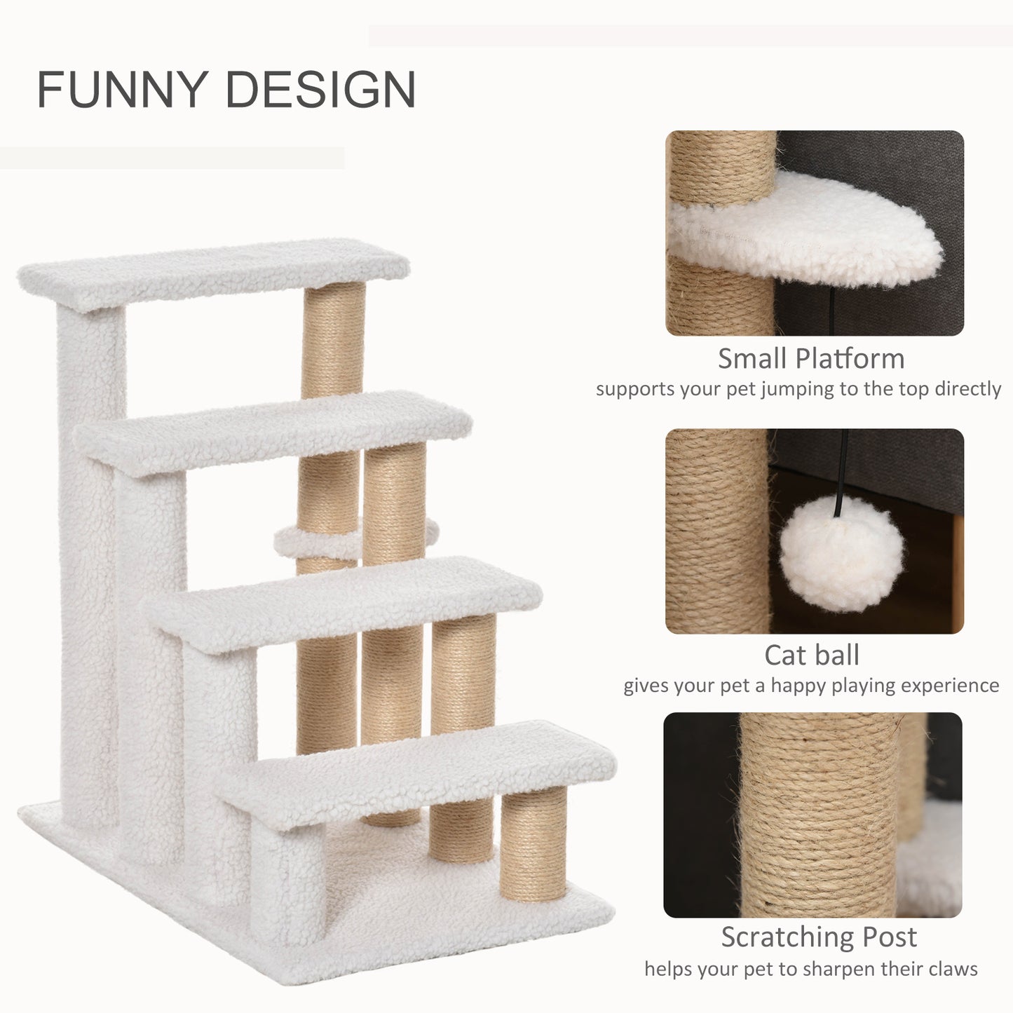 PawHut Multi-Level Cat Climbing Stairs with Scratching Posts and Play Features for Indoor Kittens and Elderly Cats, White - ALL4U RETAILER LTD