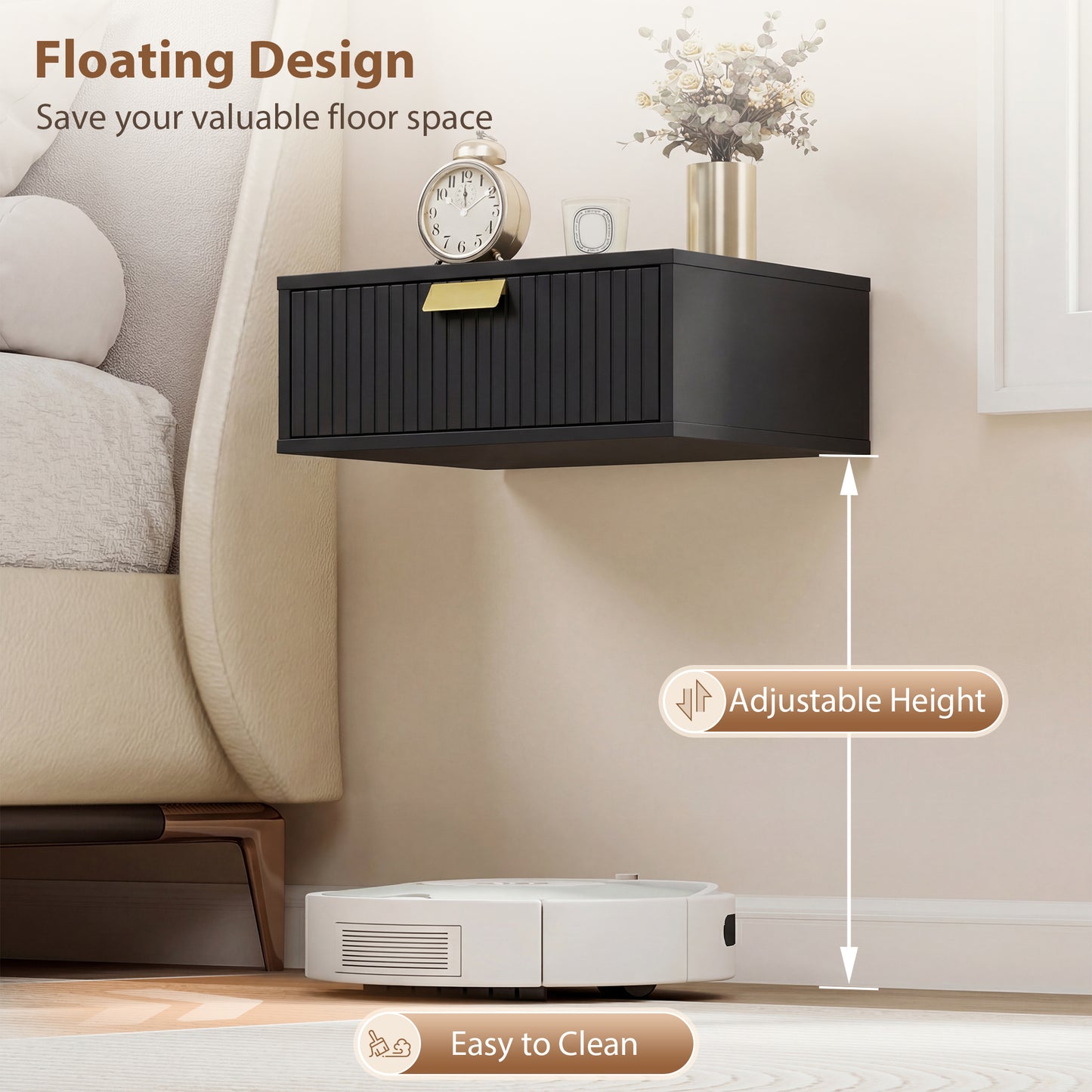 HOMCOM Modern Floating Nightstands Set Of 2 Wall Mounted Bedside Tables With Wave Drawer Black