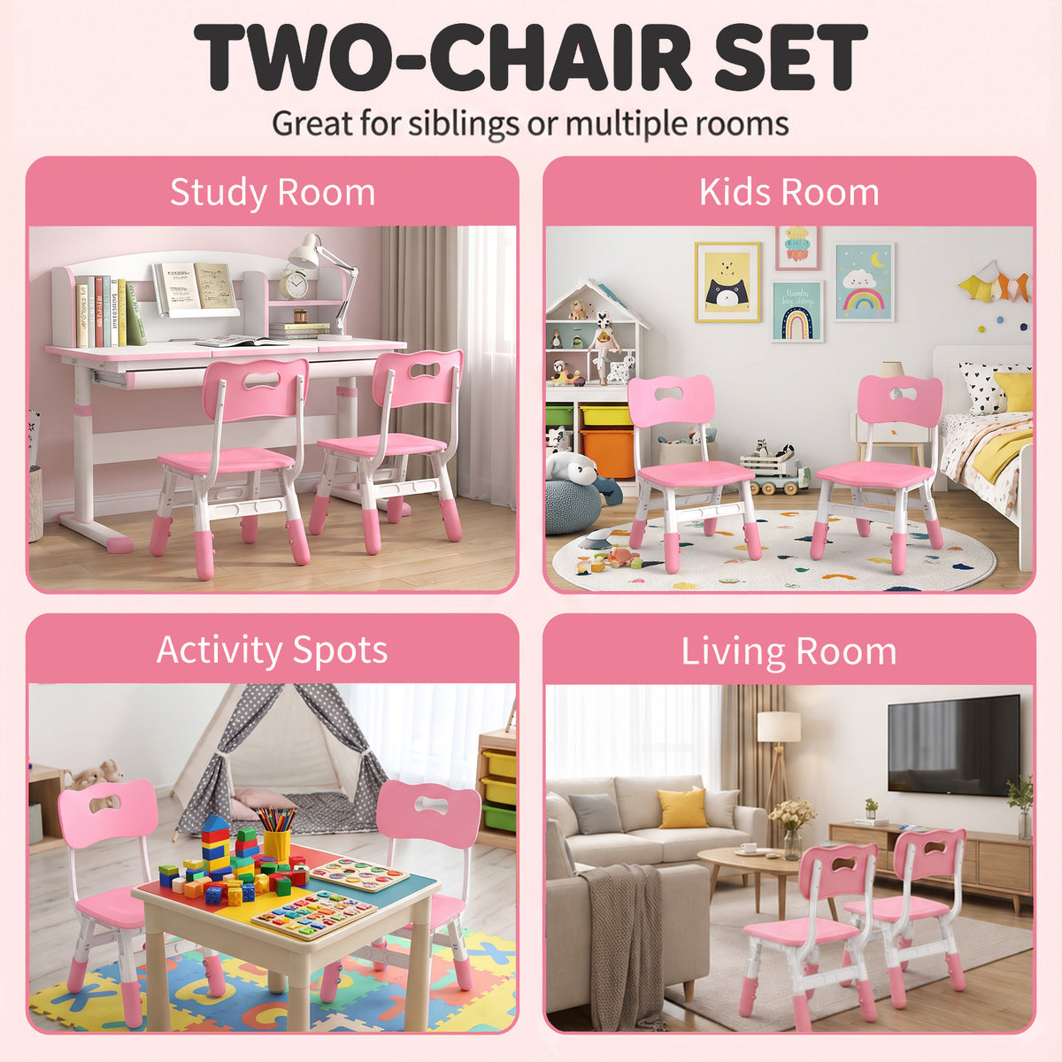 Two-chair set of pink kids study chairs with backrests for kids room and activity spots.