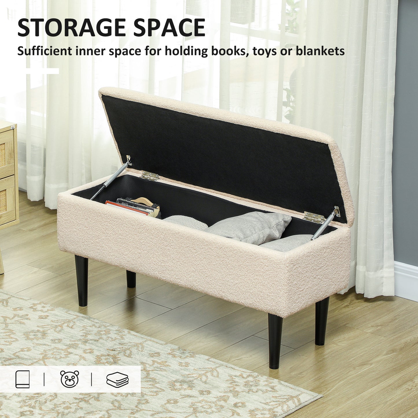 HOMCOM 57L Teddy Fleece Storage Ottoman Cream With Lift Lid Seat Double Duty For Bedroom Hallway Living Room