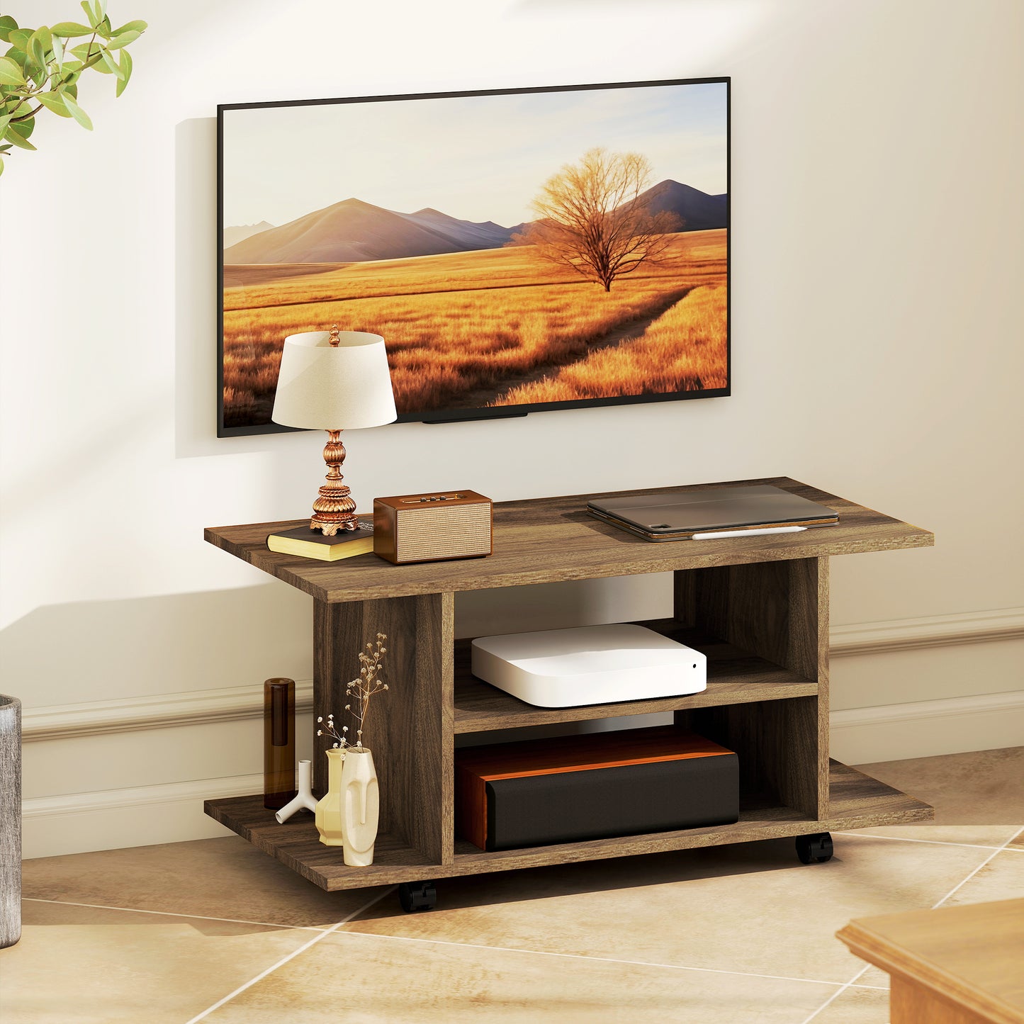 HOMCOM Modern TV Cabinet Stand With Storage Shelves Mobile Bookcase Walnut Casters