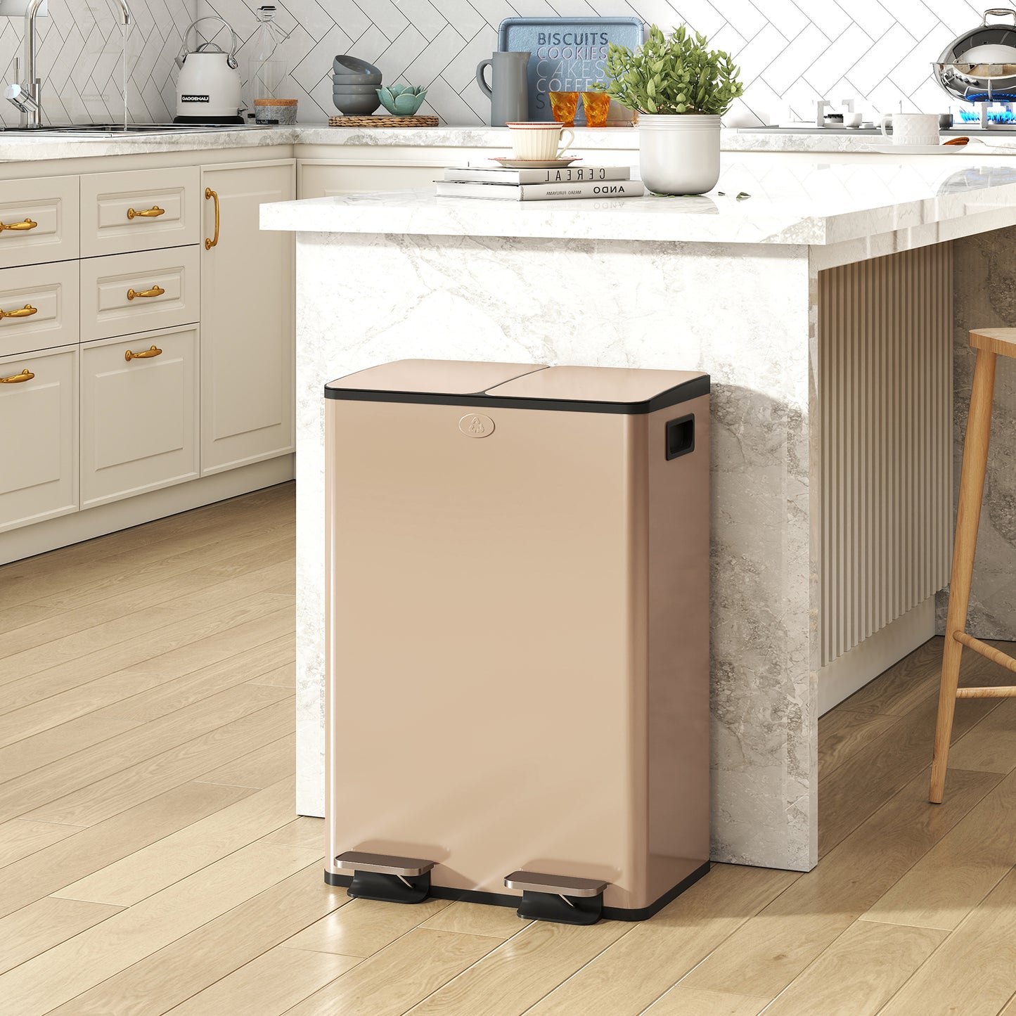 HOMCOM 56L Dual Compartment Stainless Steel Bin With Deodoriser Holders Gold Tone