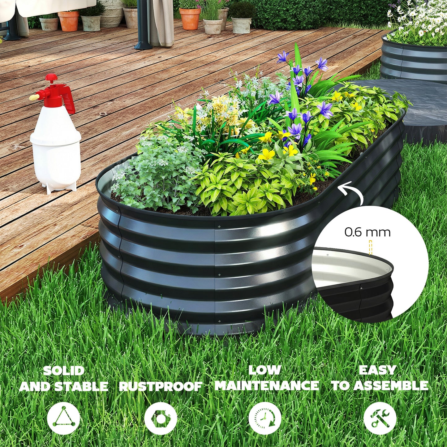 Outsunny Set of Two 150 x 60cm Galvanised Steel Planters for Outdoor Gardens Dark Grey