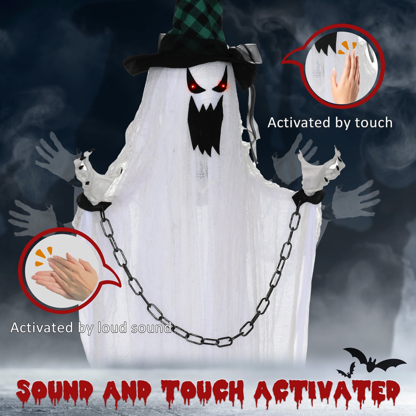 HOMCOM Spooky 80" Animated Hanging Ghost Decoration with Sound and Light Effects for Halloween - ALL4U RETAILER LTD