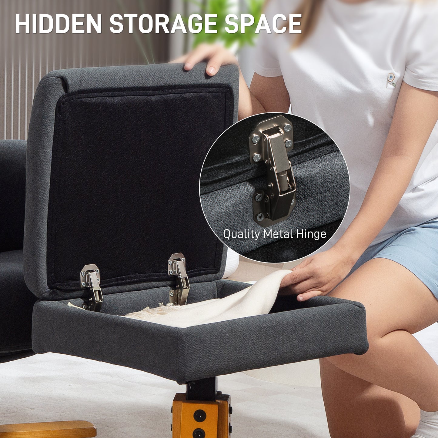 HOMCOM Linen Look Recliner With Hidden Storage Ottoman In Grey 145 Degree Recline And Wooden Base