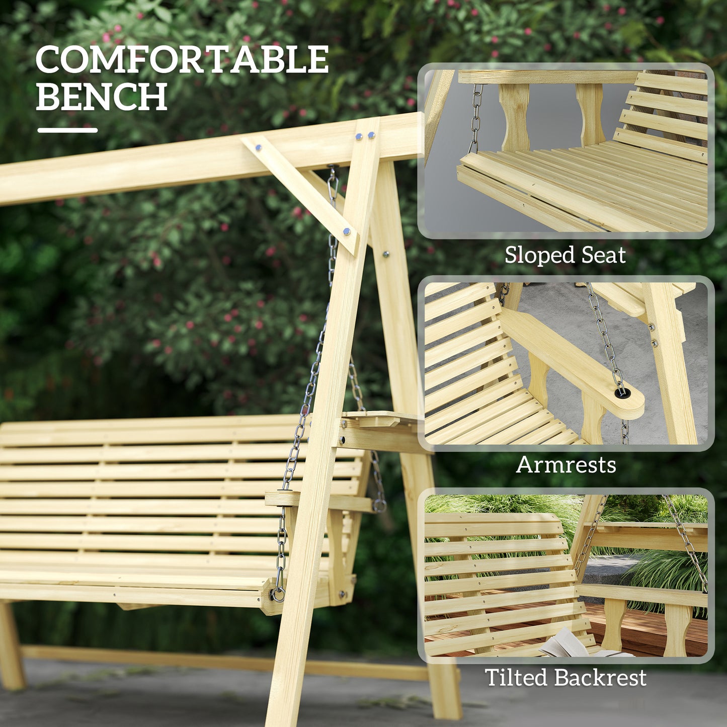 Outsunny Three Seater Wooden Swing Bench With Side Tables For Outdoor Garden Patio Furniture