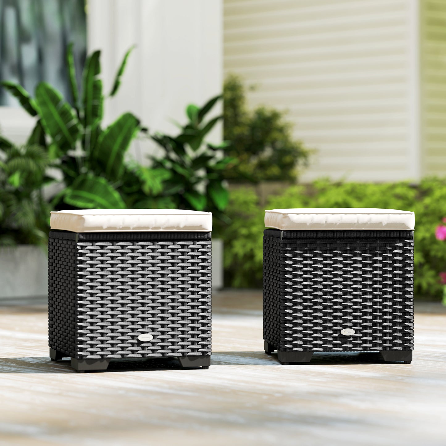 Outsunny Set Of 2 Rattan Storage Ottomans Outdoor Footstools With Removable Cushions Cream