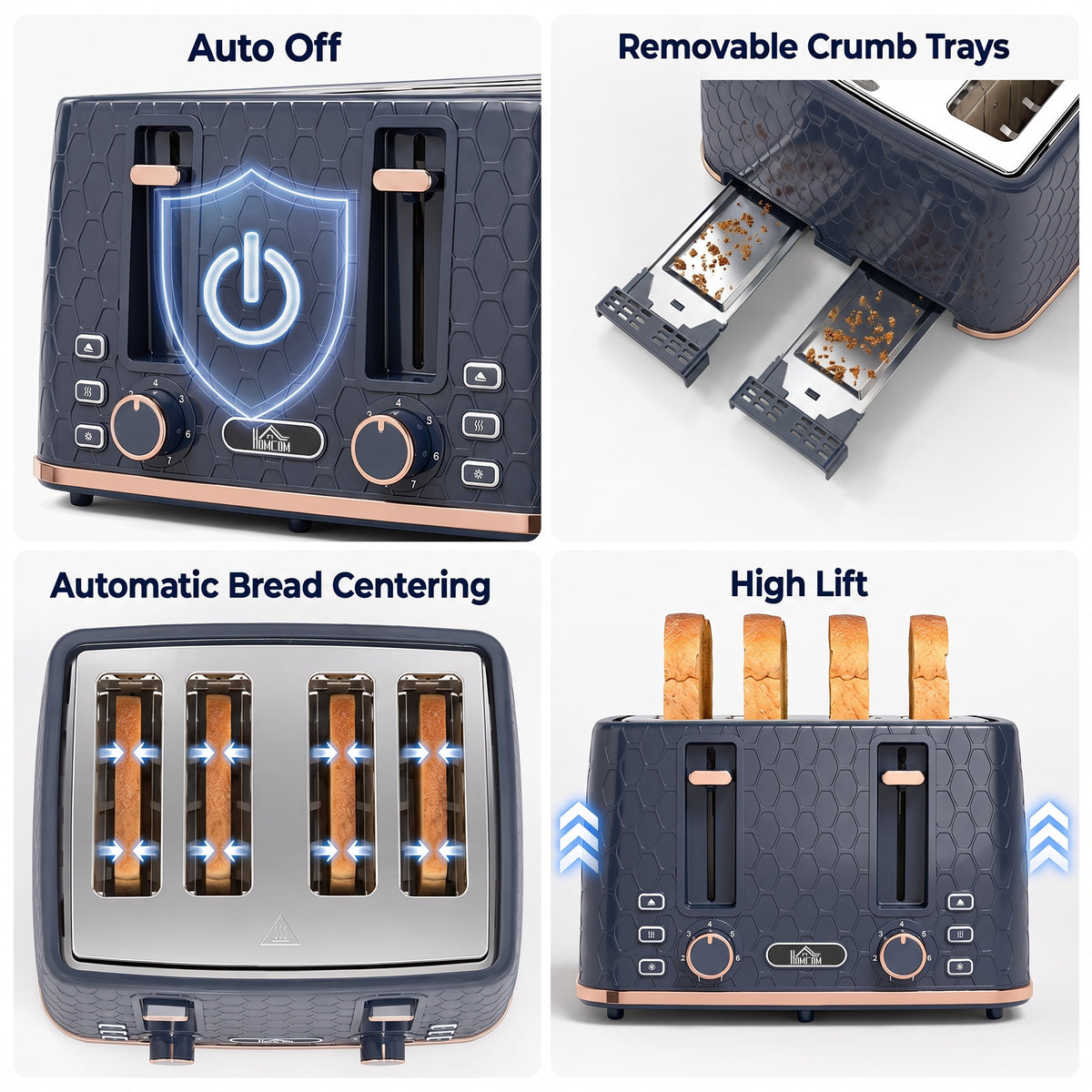 Homcom 4 Slice Toaster With 7 Browning Levels High Lift Center Dark Blue