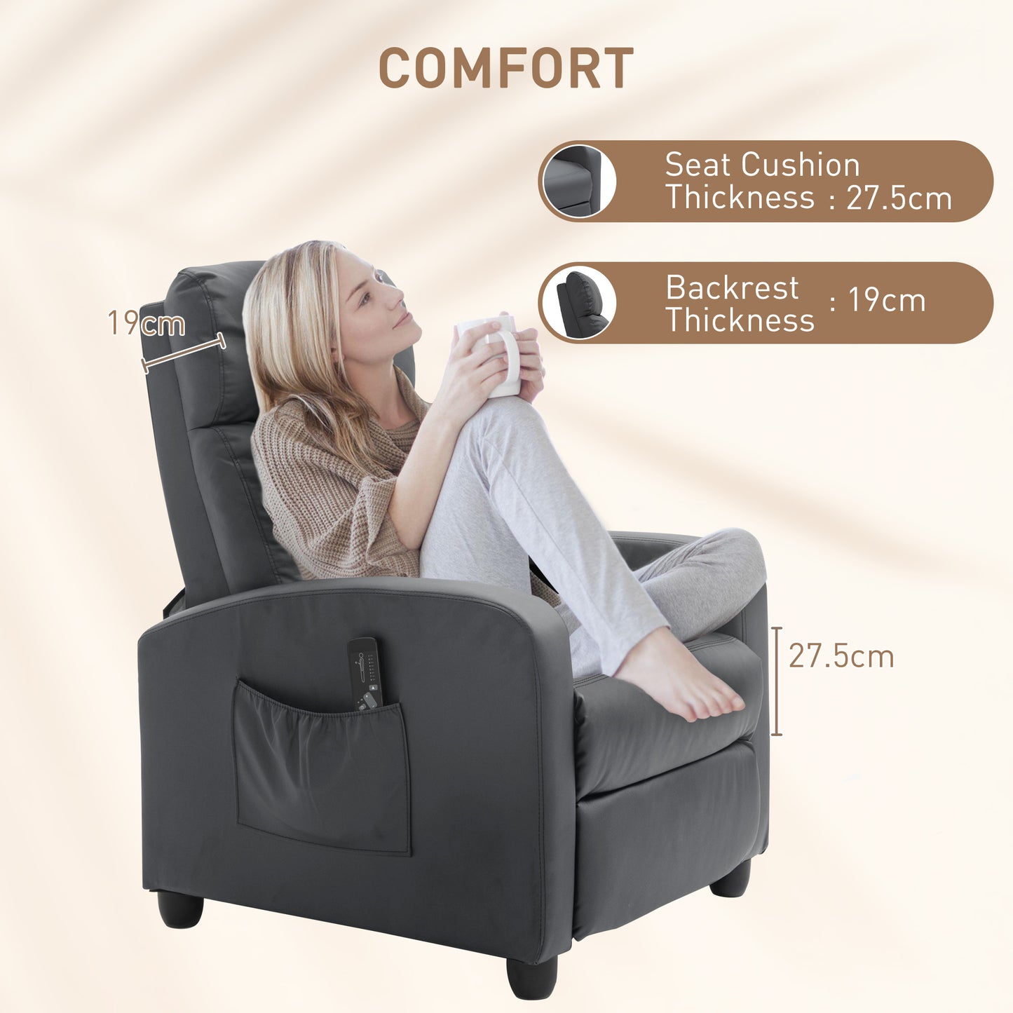 HOMCOM Recliner Armchair Massage Faux Leather Push Back Reclining Chair with Adjustable Leg Rest and Side Pocket Grey