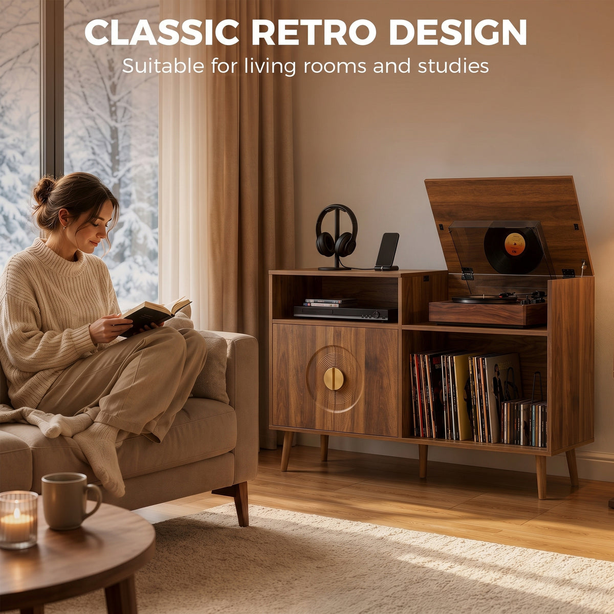 HOMCOM Vinyl Record Player Stand with 300 Album Storage and Flip Top Walnut