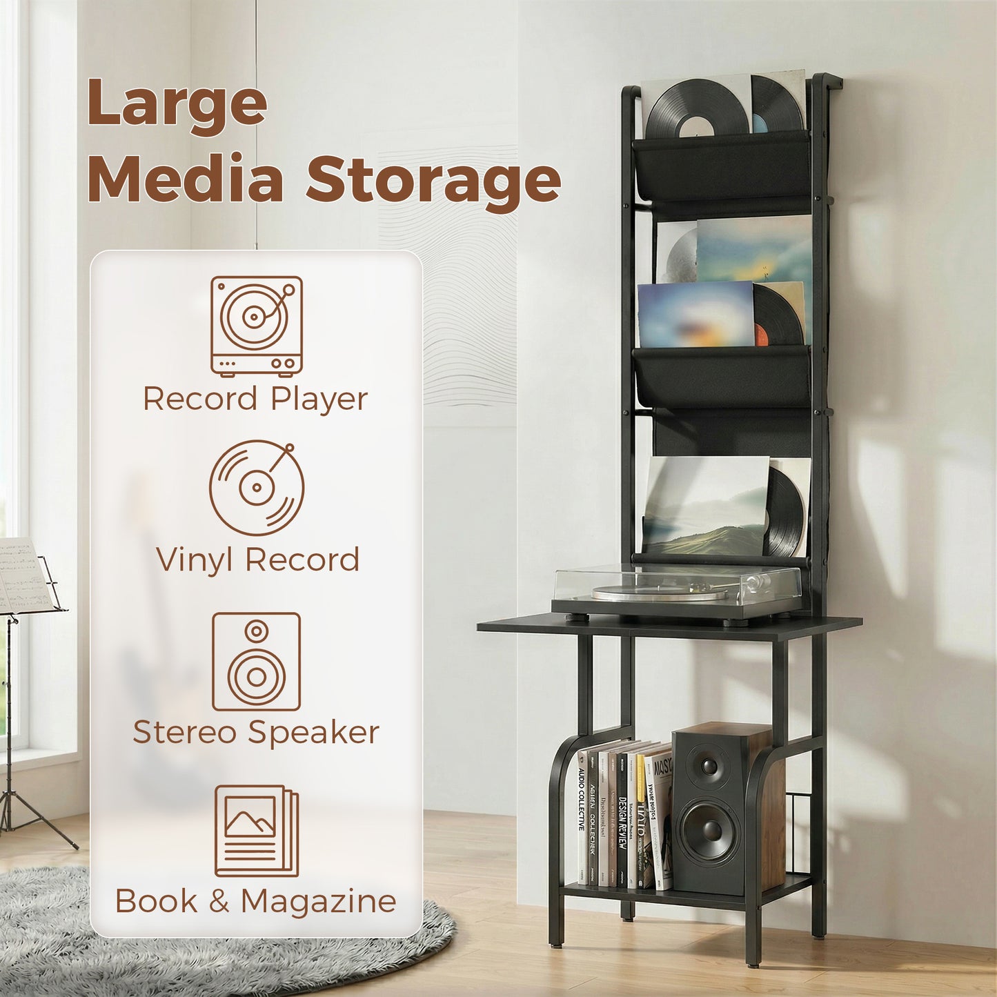 HOMCOM Vinyl Record Player Stand And Storage With Oxford Fabric Pockets Bottom Shelf Black