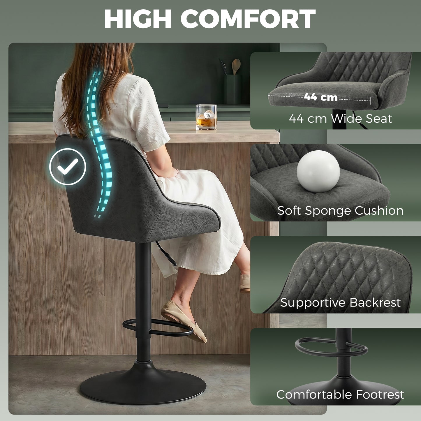 HOMCOM Adjustable Swivel Bar Stools With Backrest Set Of 2 For Kitchen Island Dark Grey