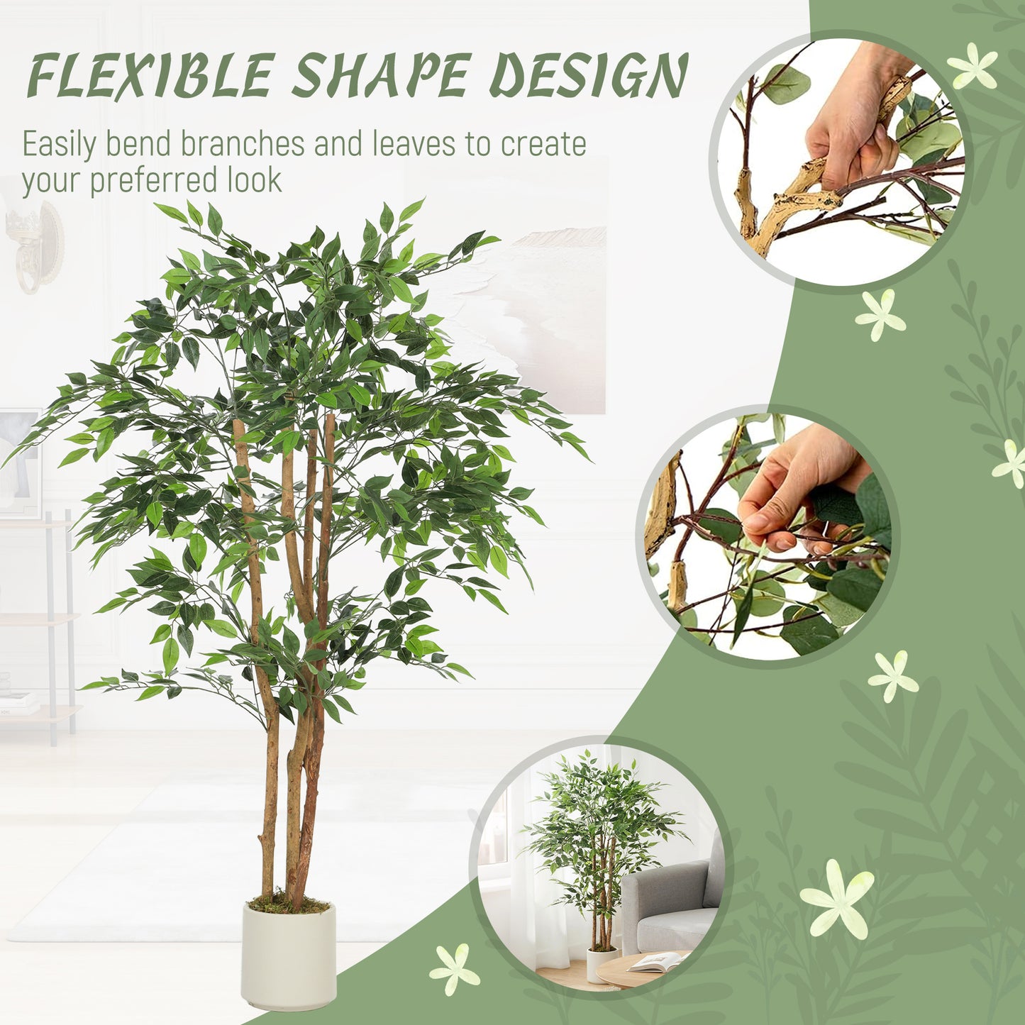 HOMCOM 150cm Artificial Ficus Tree With Solid Wood Trunk In White Pot For Indoor Decor Green Foliage