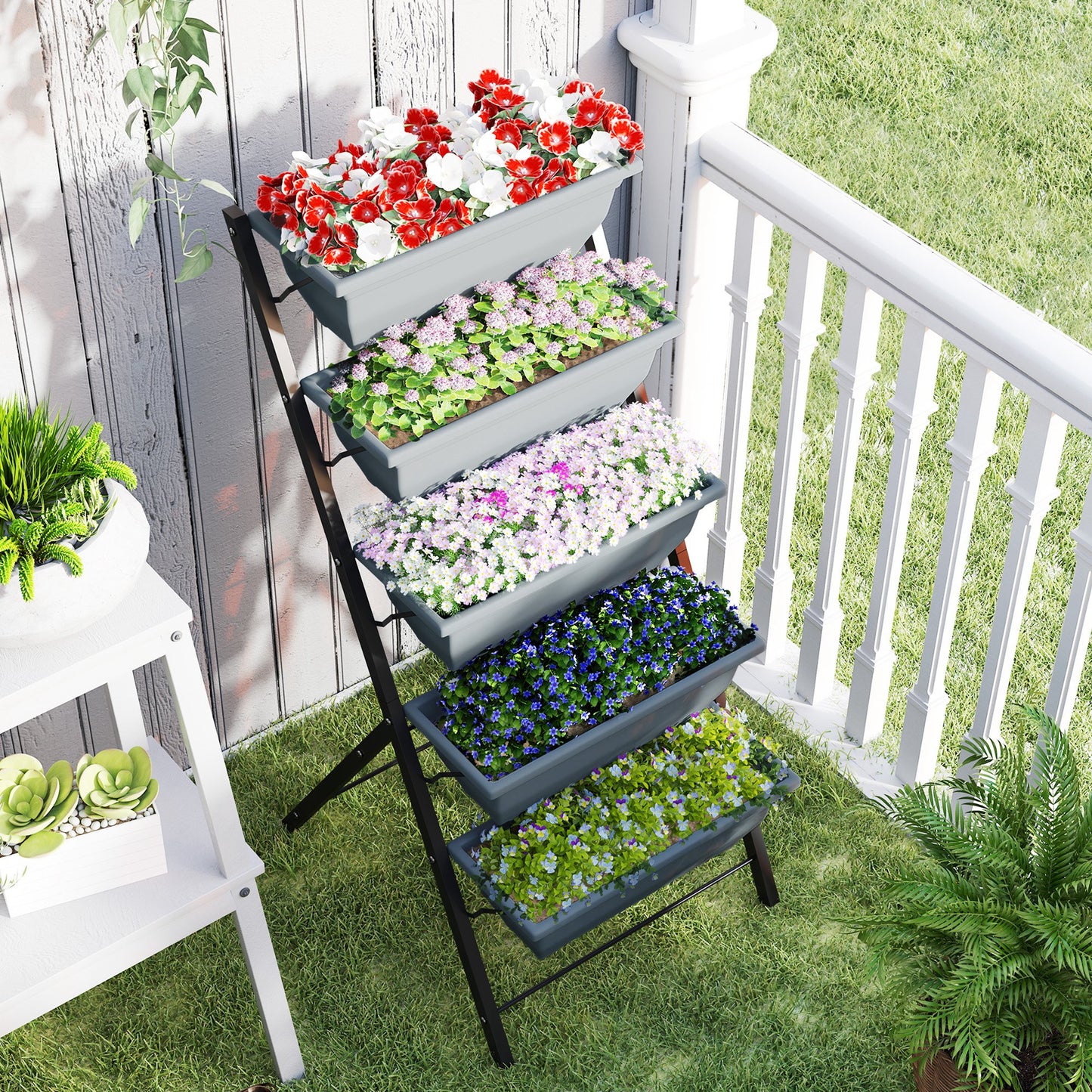Outsunny 5 Tier Raised Garden Bed Vertical Ladder Plant Stand With 5 Removable Boxes Drainage Holes And Plugs Grey