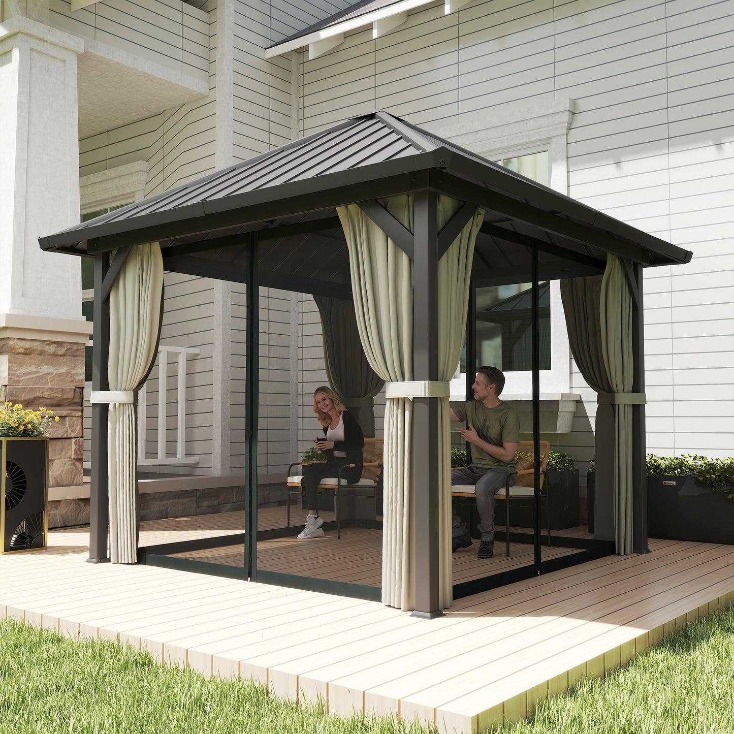 Outsunny 3x3m Hardtop Gazebo With Galvanised Roof And Water Gutter Waterproof Pavilion With Netting Curtains For Patio
