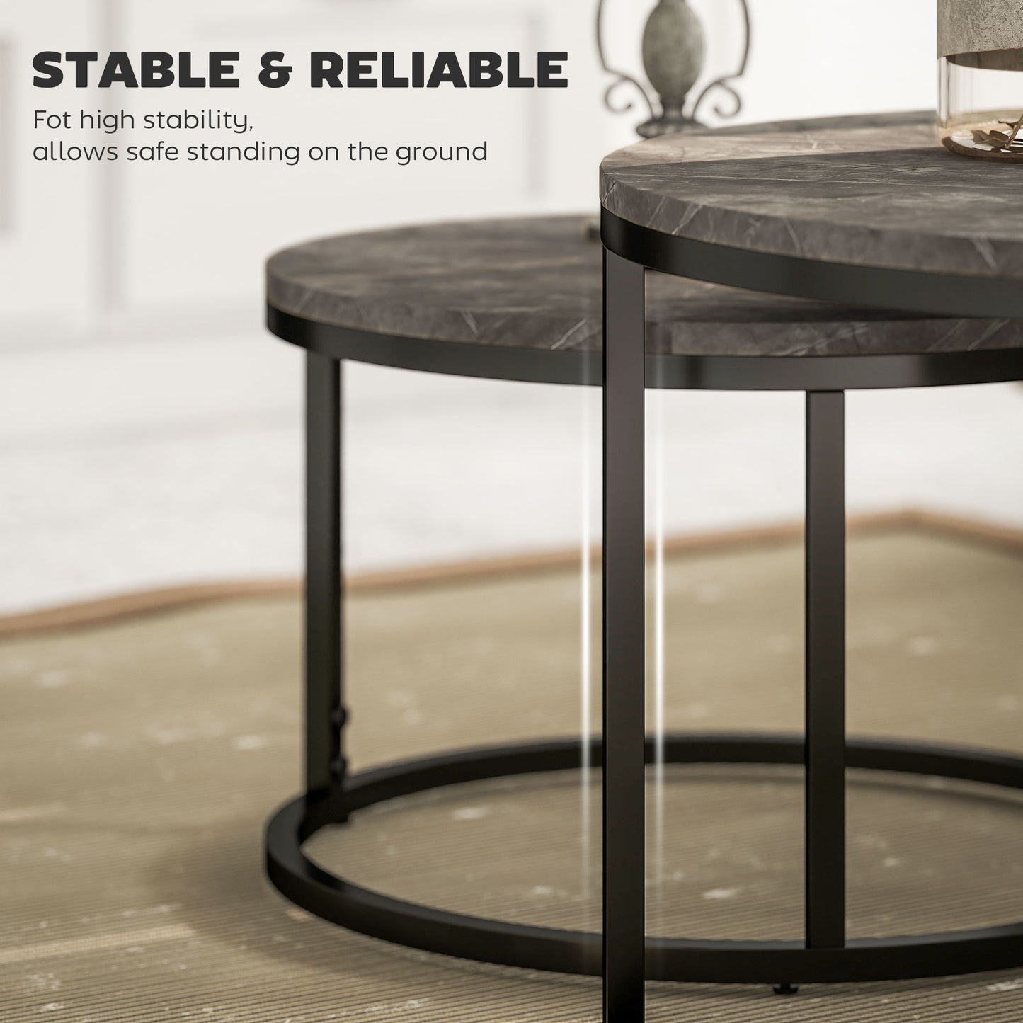 HOMCOM Industrial Nesting Round Coffee Tables Set 2 With Faux Marbled Top And Steel Frame