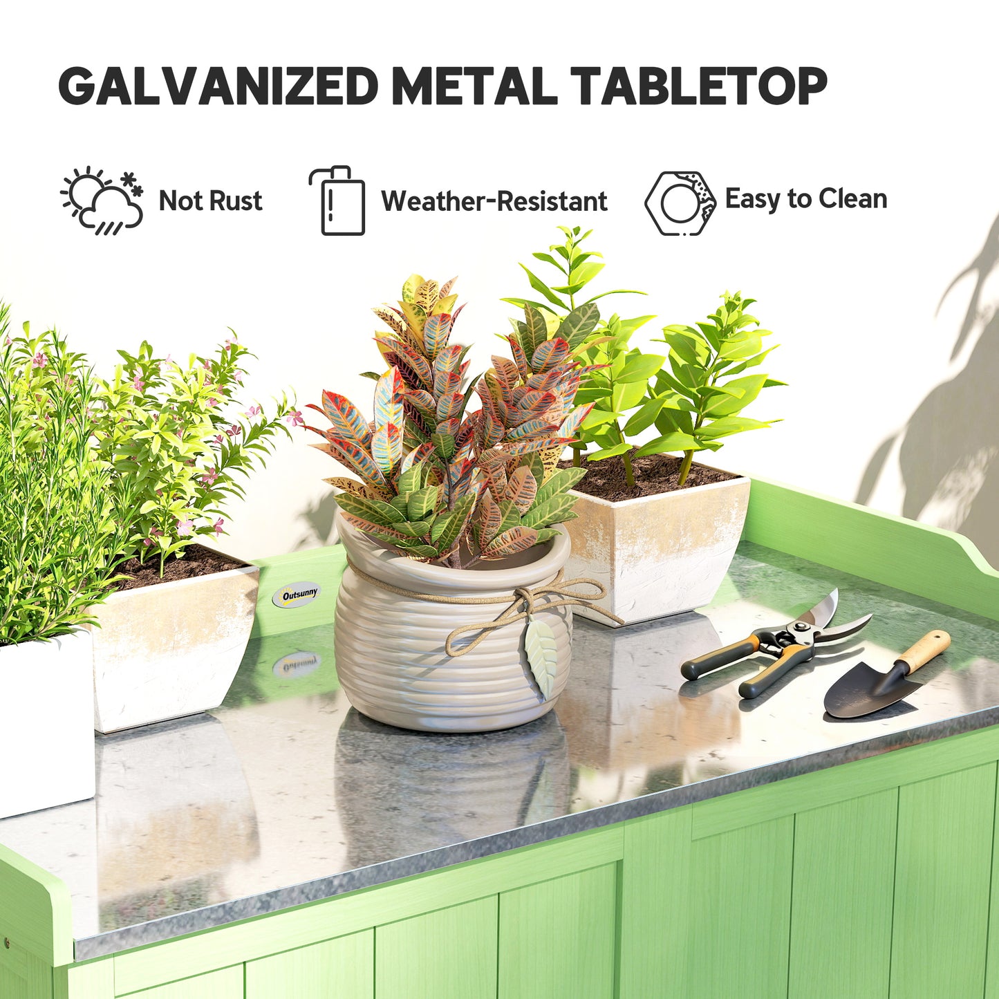 Outsunny Wood Garden Storage Cabinet Potting Bench With Galvanised Top And Two Shelves For Garden Tools And Pool Accessories Green