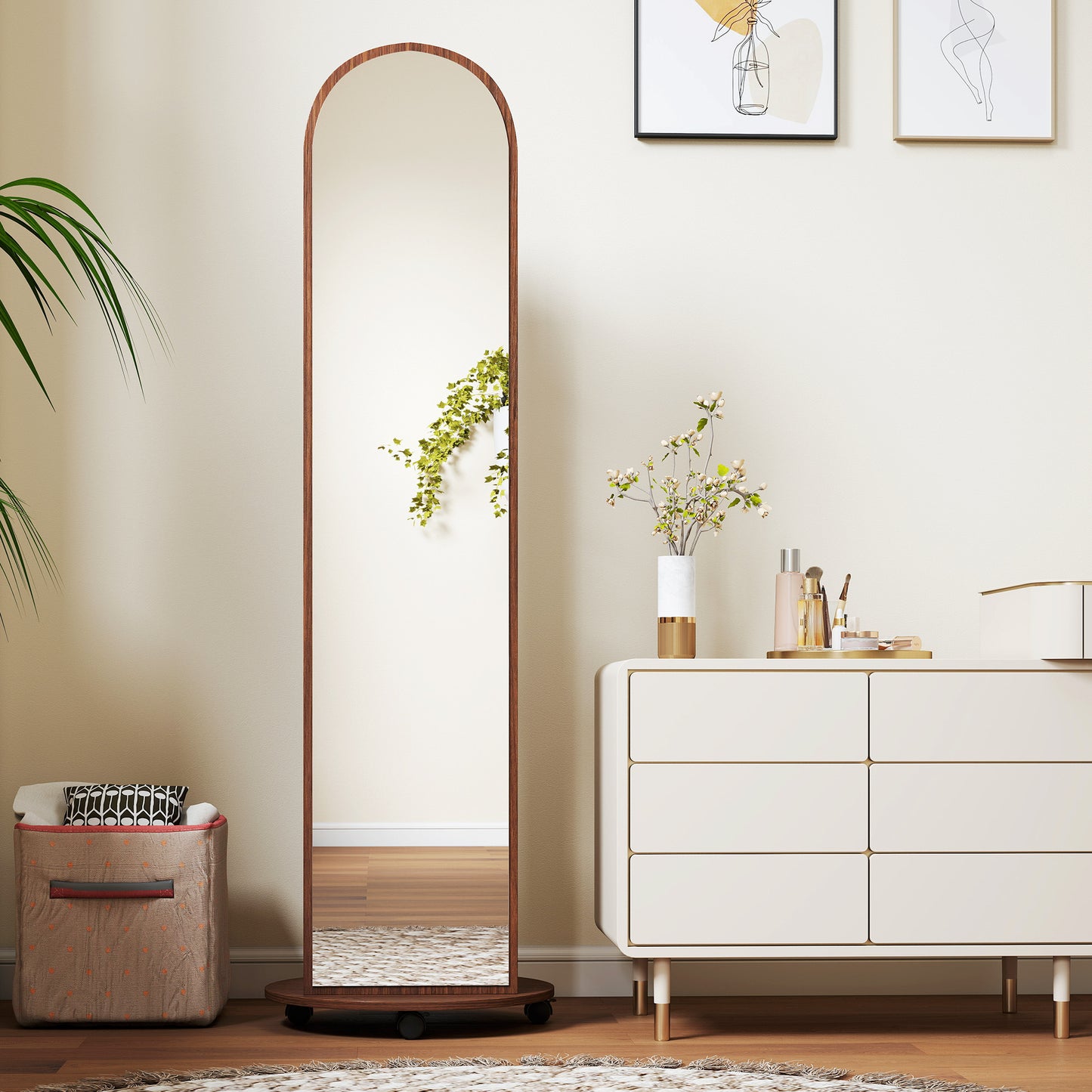 HOMCOM 2 In 1 Full Length Mirror With Storage Shelves Floor Mirror With 4 Wheels Coat Rack And Hooks Brown Wood Effect