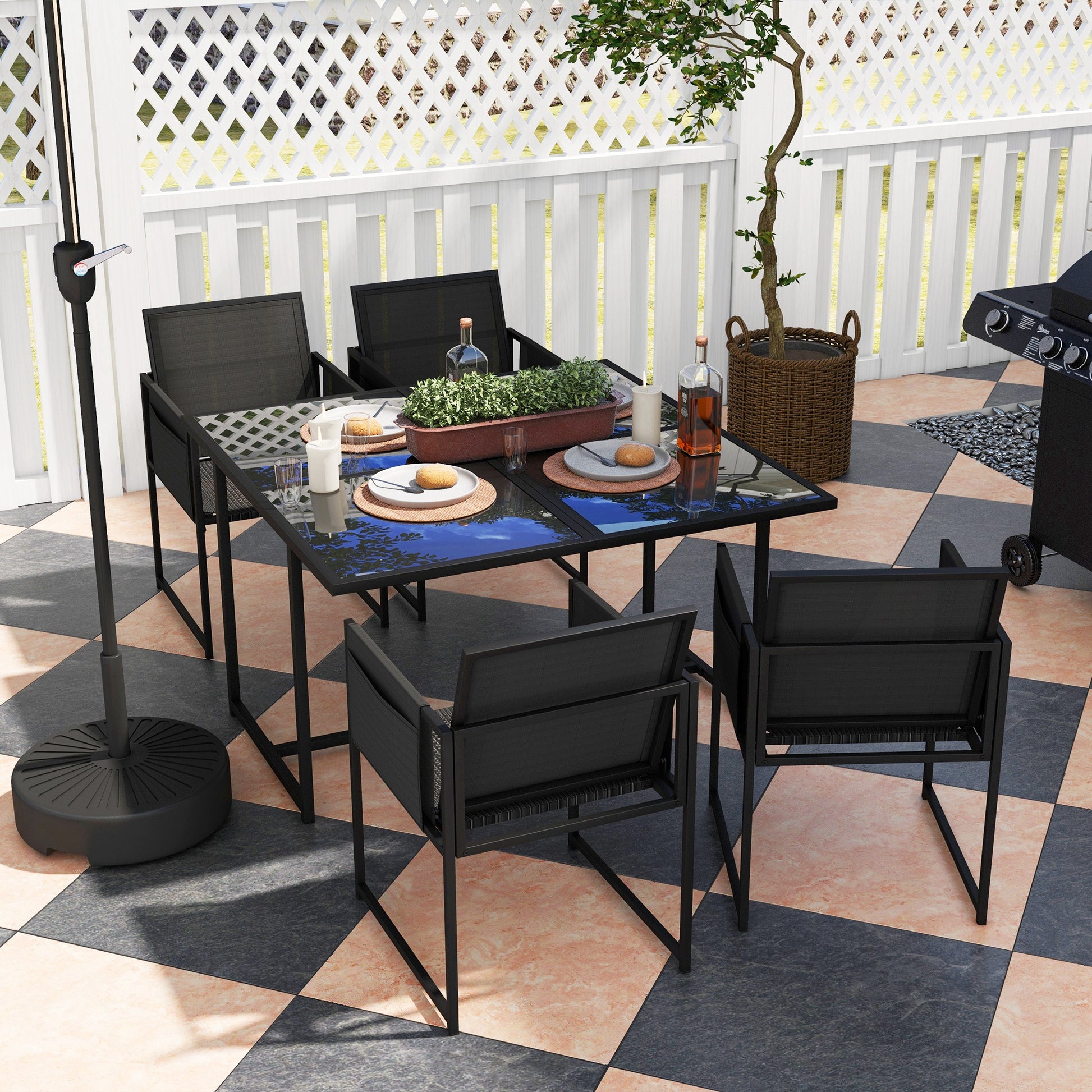 Outsunny 5-Piece Outdoor Dining Set with Adjustable Mesh Chairs and Tempered Glass Table for Patio, Black - ALL4U RETAILER LTD