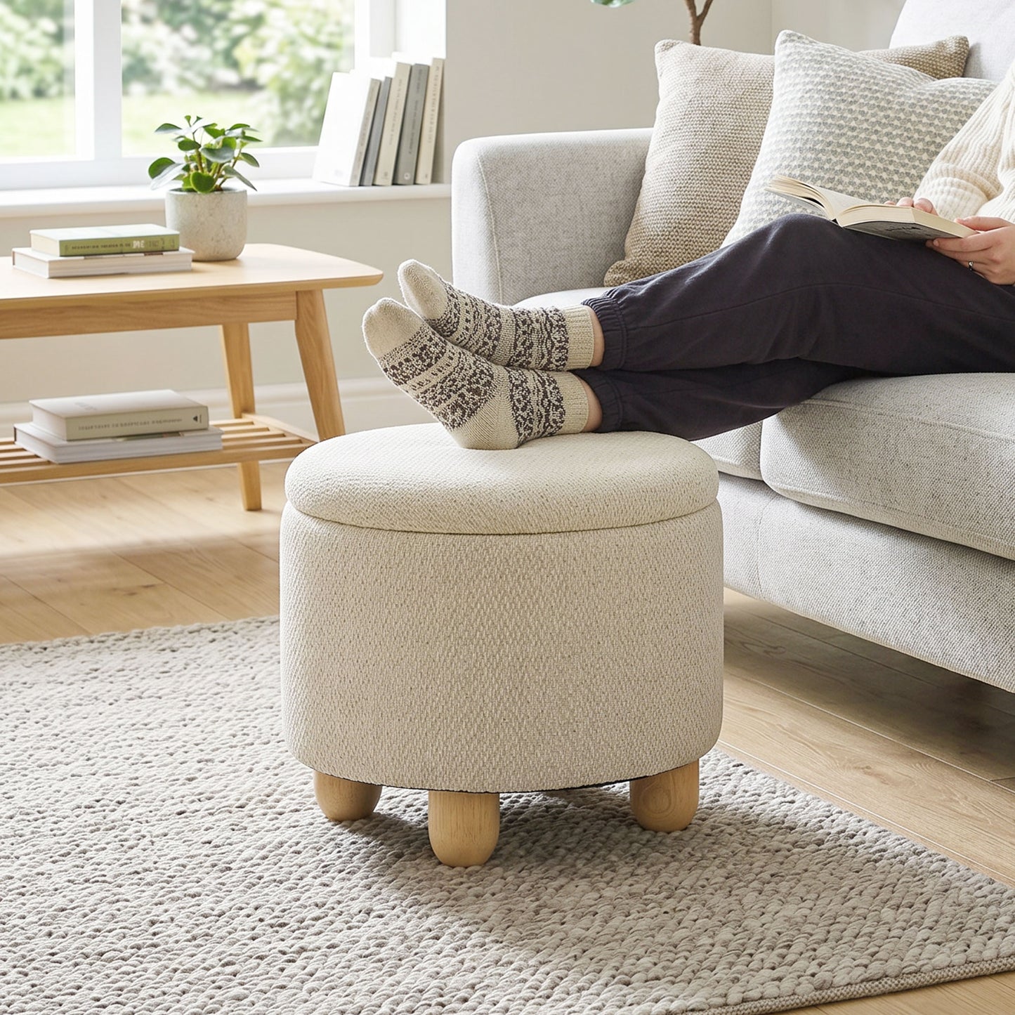HOMCOM Round Storage Ottoman Bench With Lid Beige Rubberwood Legs For Living Room Organization