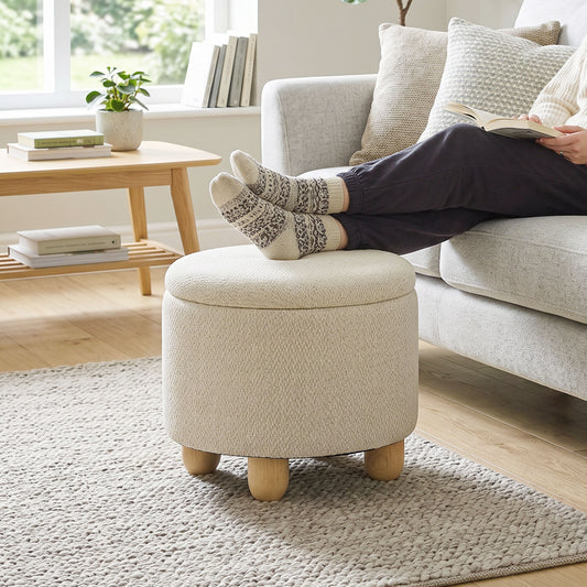 HOMCOM Round Storage Ottoman Bench With Lid Beige Rubberwood Legs For Living Room Organization