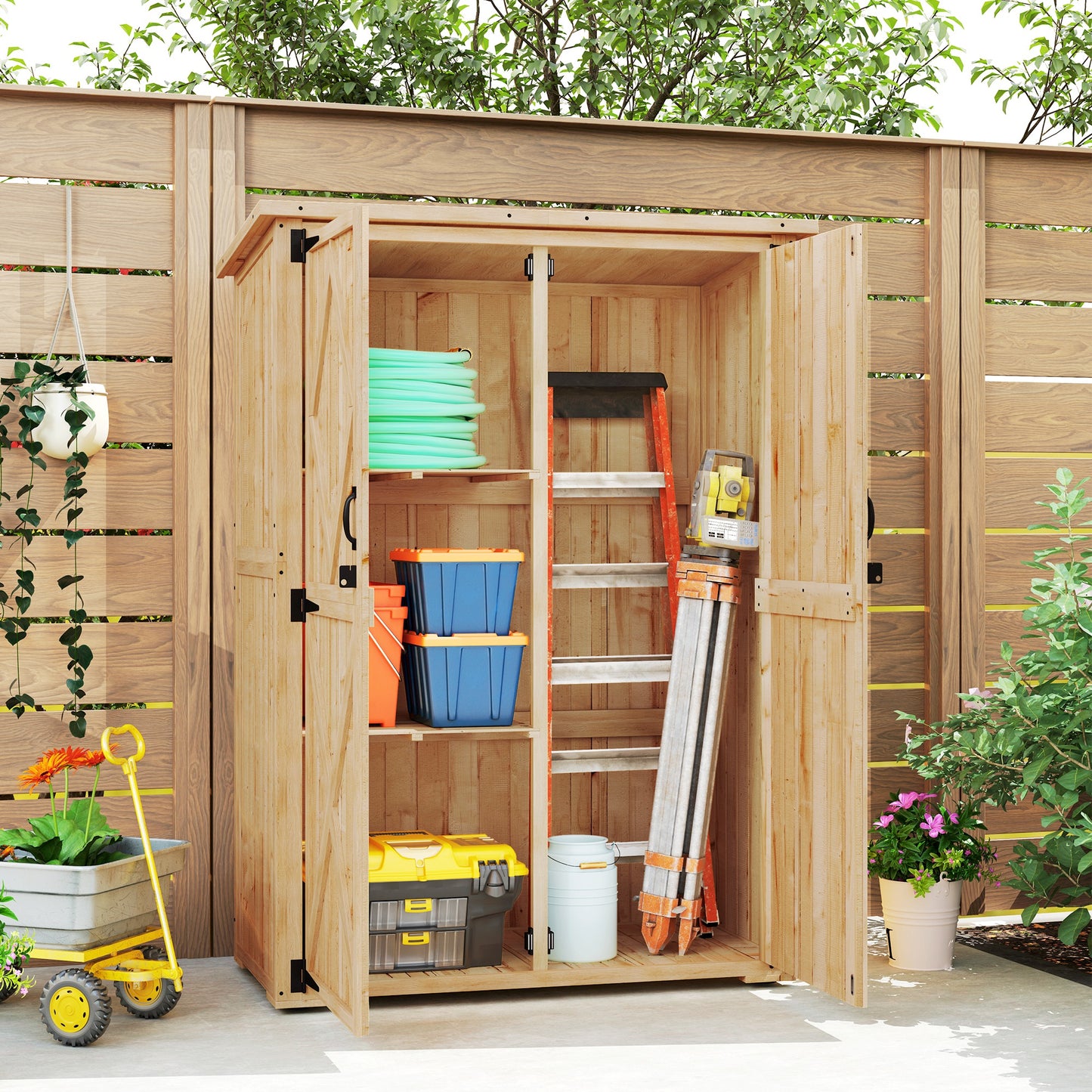 Outsunny Wooden Garden Storage Shed With Asphalt Roof Double Doors And Two Shelves For Garden Tools Equipment Natural