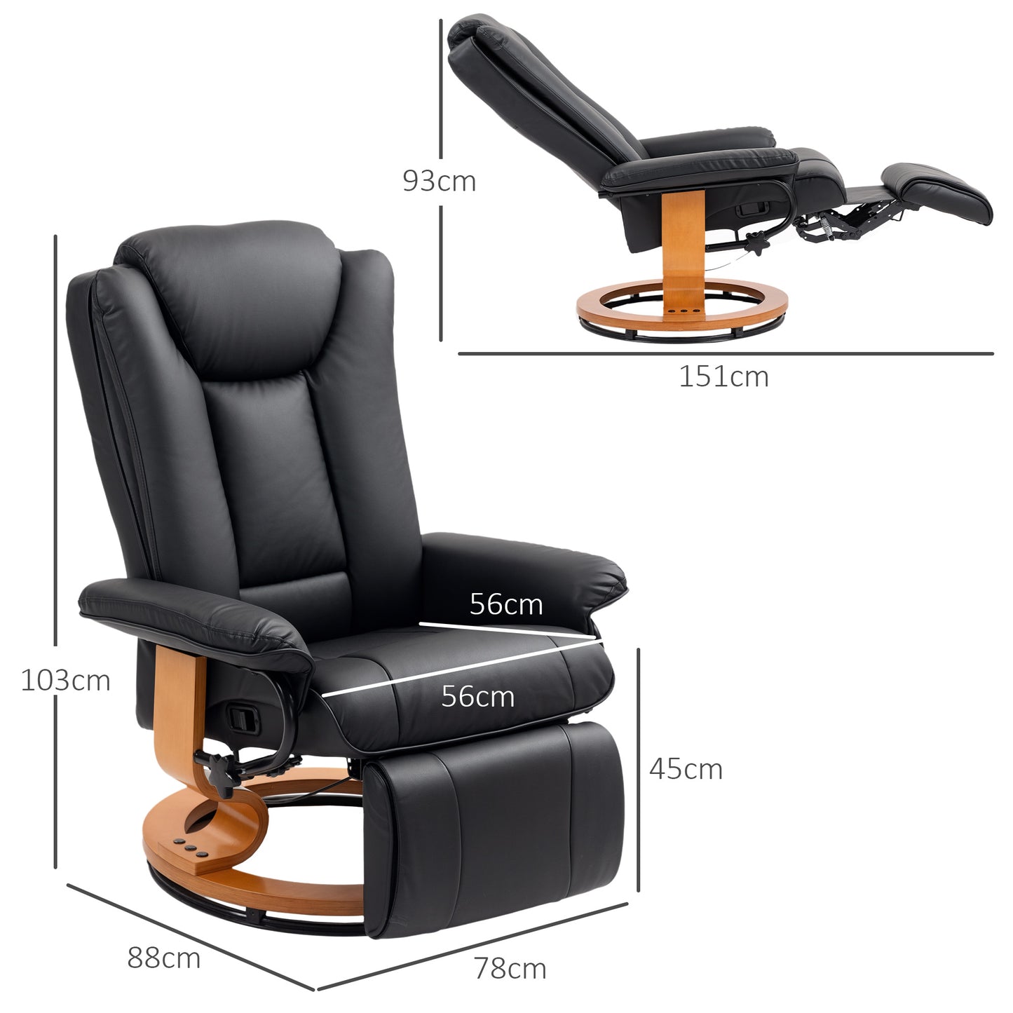 HOMCOM Faux Leather Swivel Recliner Chair Black With 135 Degree Backrest And Footrest For Full Body Relaxation