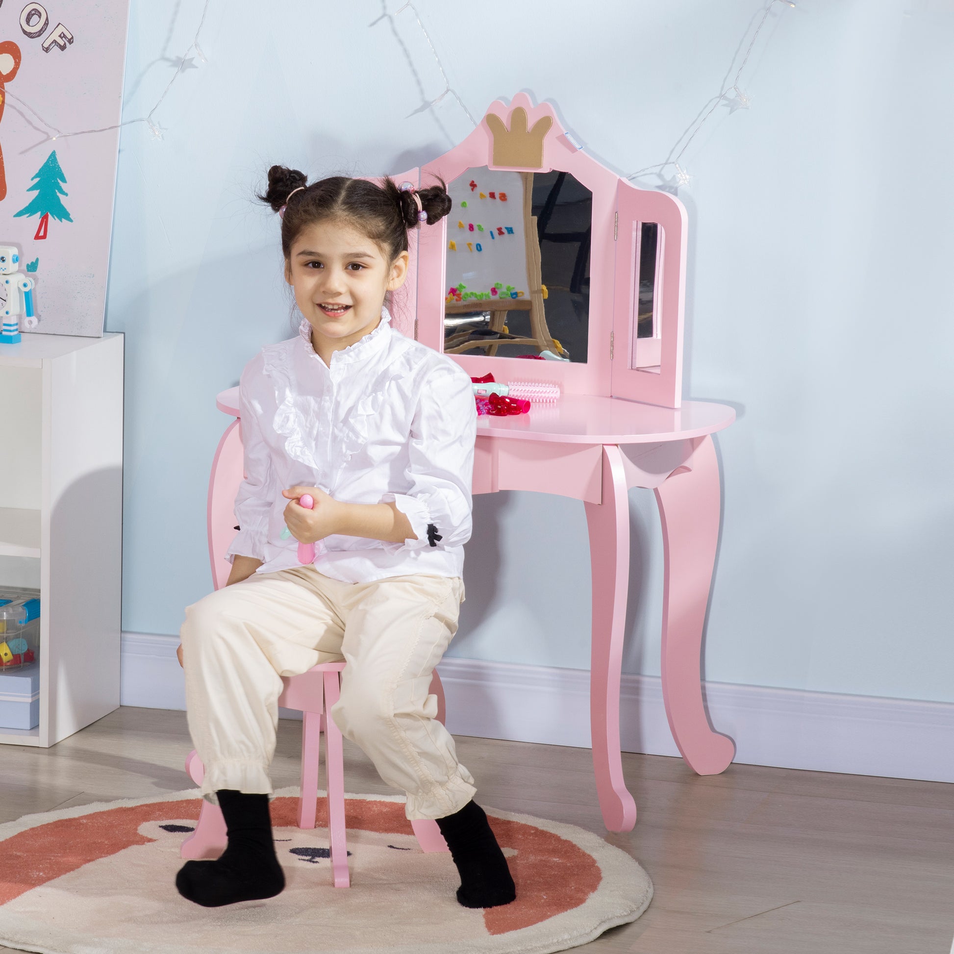 HOMCOM Princess-Themed Kids Vanity Set with Rotating Mirrors and Drawer, Pink Dressing Table and Stool for Girls - ALL4U RETAILER LTD