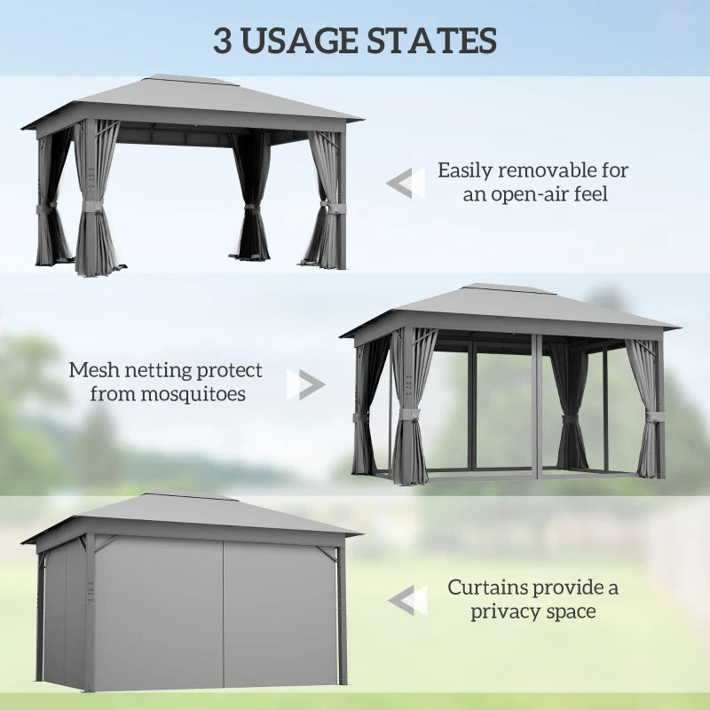 Outsunny 4x3m Patio Gazebo Canopy with Vented Roof, Netting, Curtains, Aluminum Frame - Grey - ALL4U RETAILER LTD