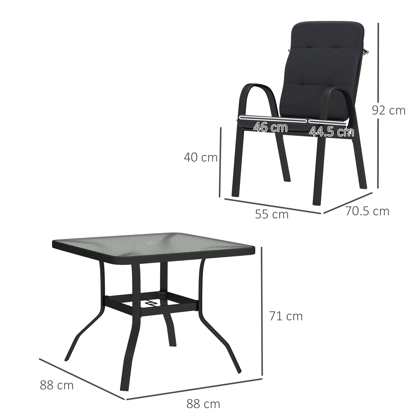 Outsunny Five Piece Garden Dining Set With Tempered Glass Table And Four Cushioned Armchairs Umbrella Hole Black