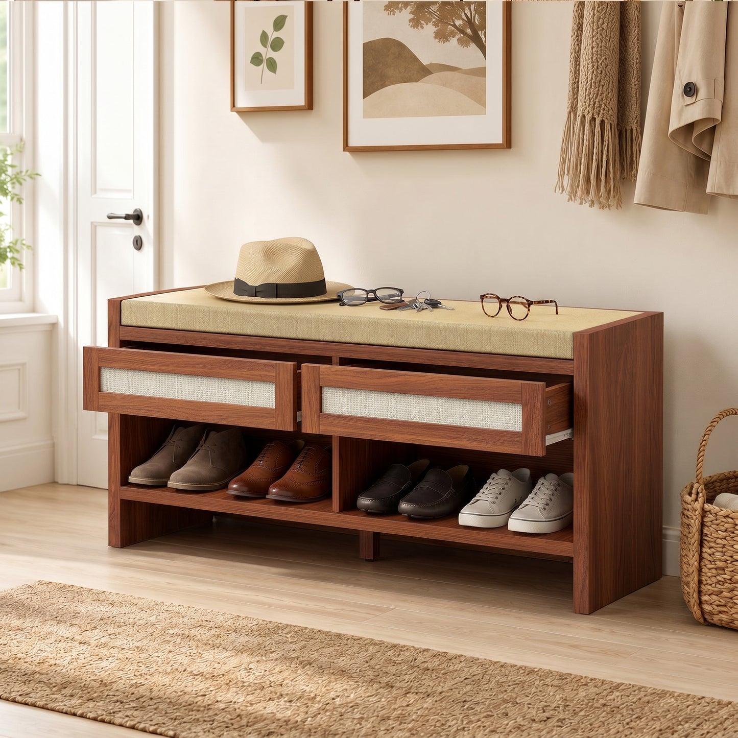 HOMCOM Boho Shoe Storage Bench With Cushioned Seat Open Shelf And Two Rattan Drawers Brown